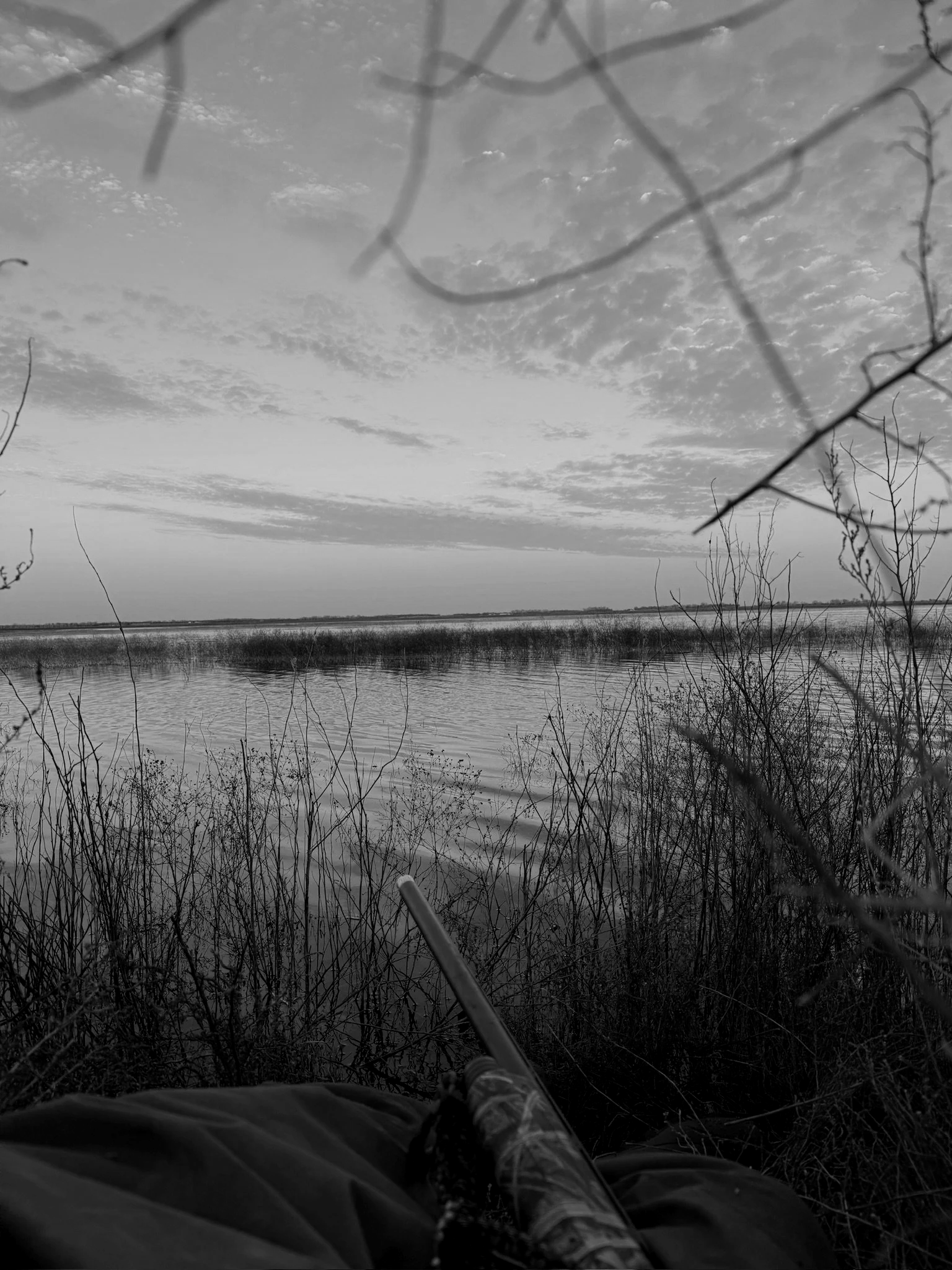 A black and white photo of a river or lake with a cloudy sky above. In the foreground, there are reeds and a person sitting, holding a fishing rod.