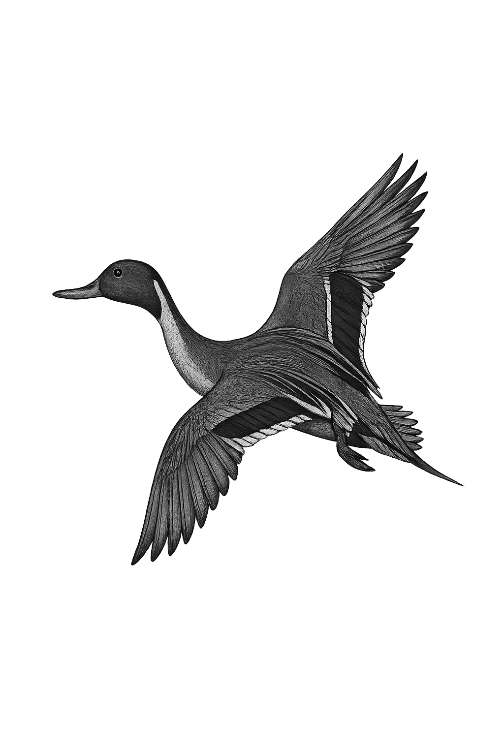 Black and white illustration of a flying duck in profile with detailed feathers on dark background.