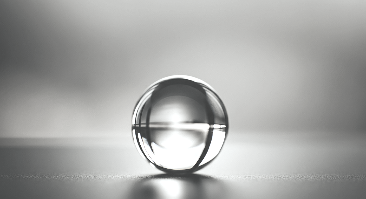 A metallic sphere placed on a flat surface, reflecting its surroundings in a minimalist, monochrome setting.