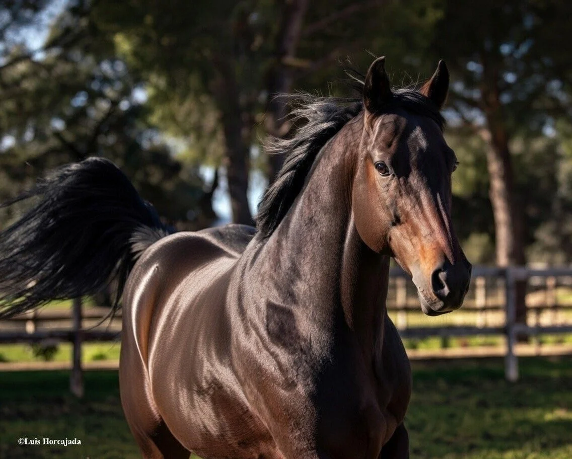 Caballo corriendo en un establo con árboles al fondo.