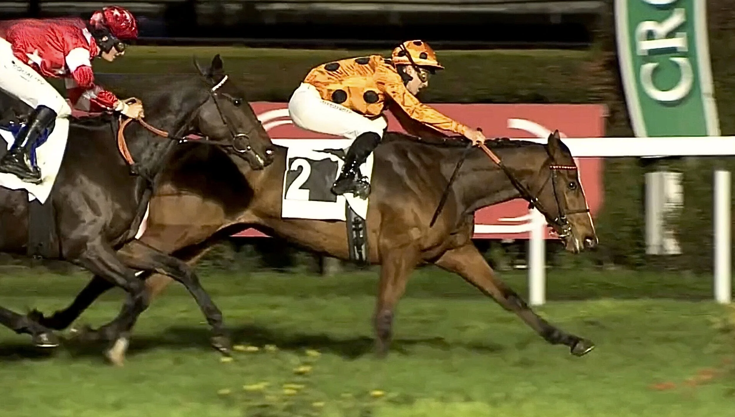 Dos caballos con jinetes compitiendo en una carrera en la pista.