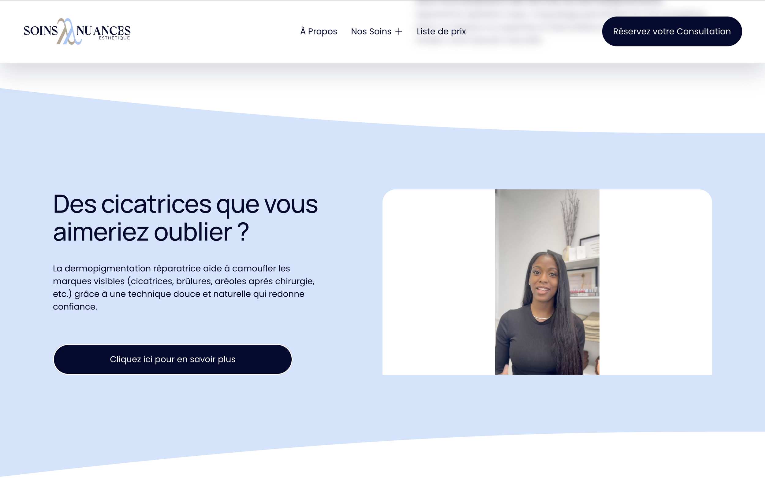 Soins Nuances webpage featuring a video thumbnail on the left and a FAQ section in French on the right. The webpage also has a dark blue banner at the bottom with a call to action button.
