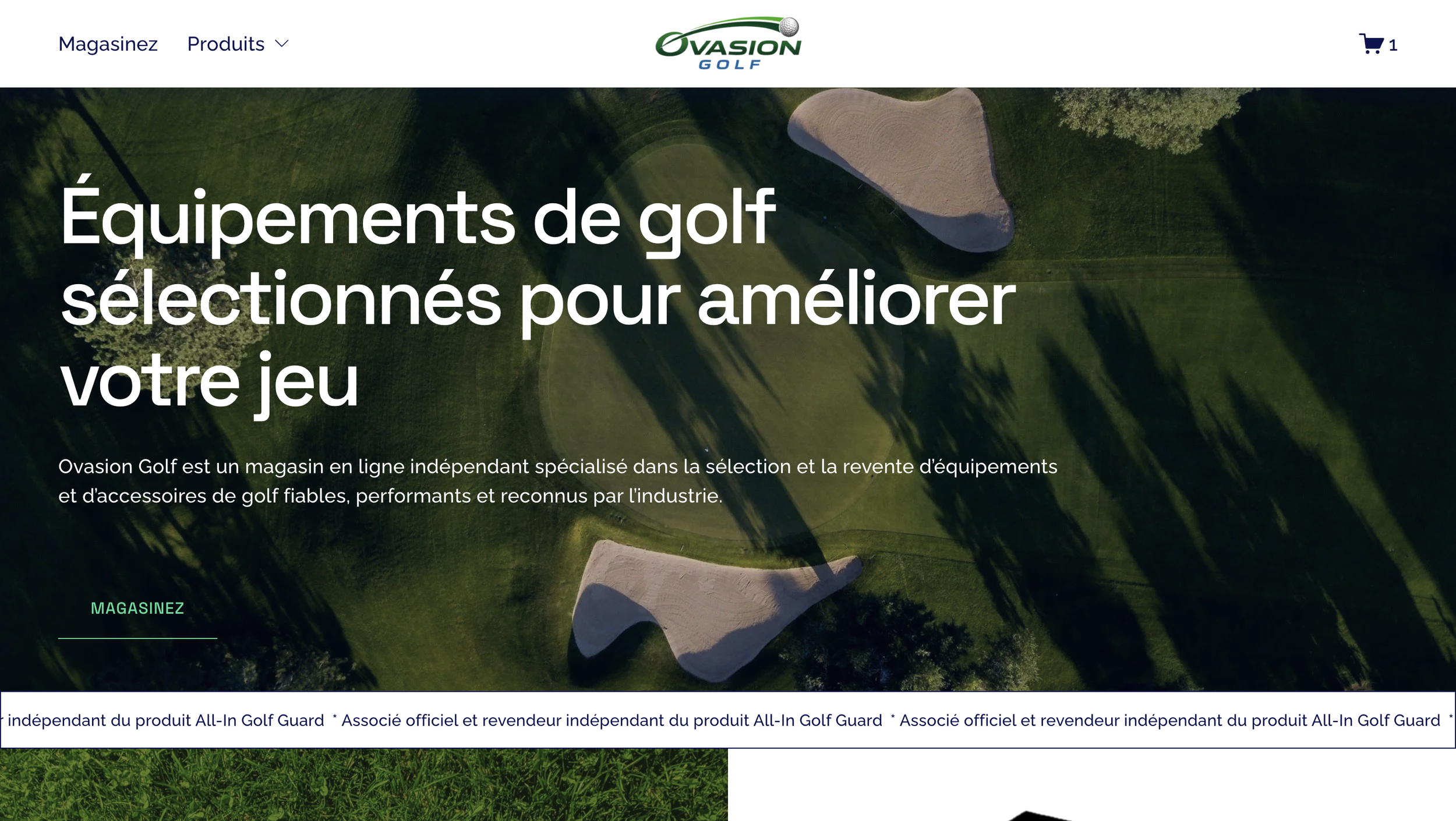 Homepage of Ovision Golf website featuring an aerial view of a golf course with text in French about golf equipment selection.