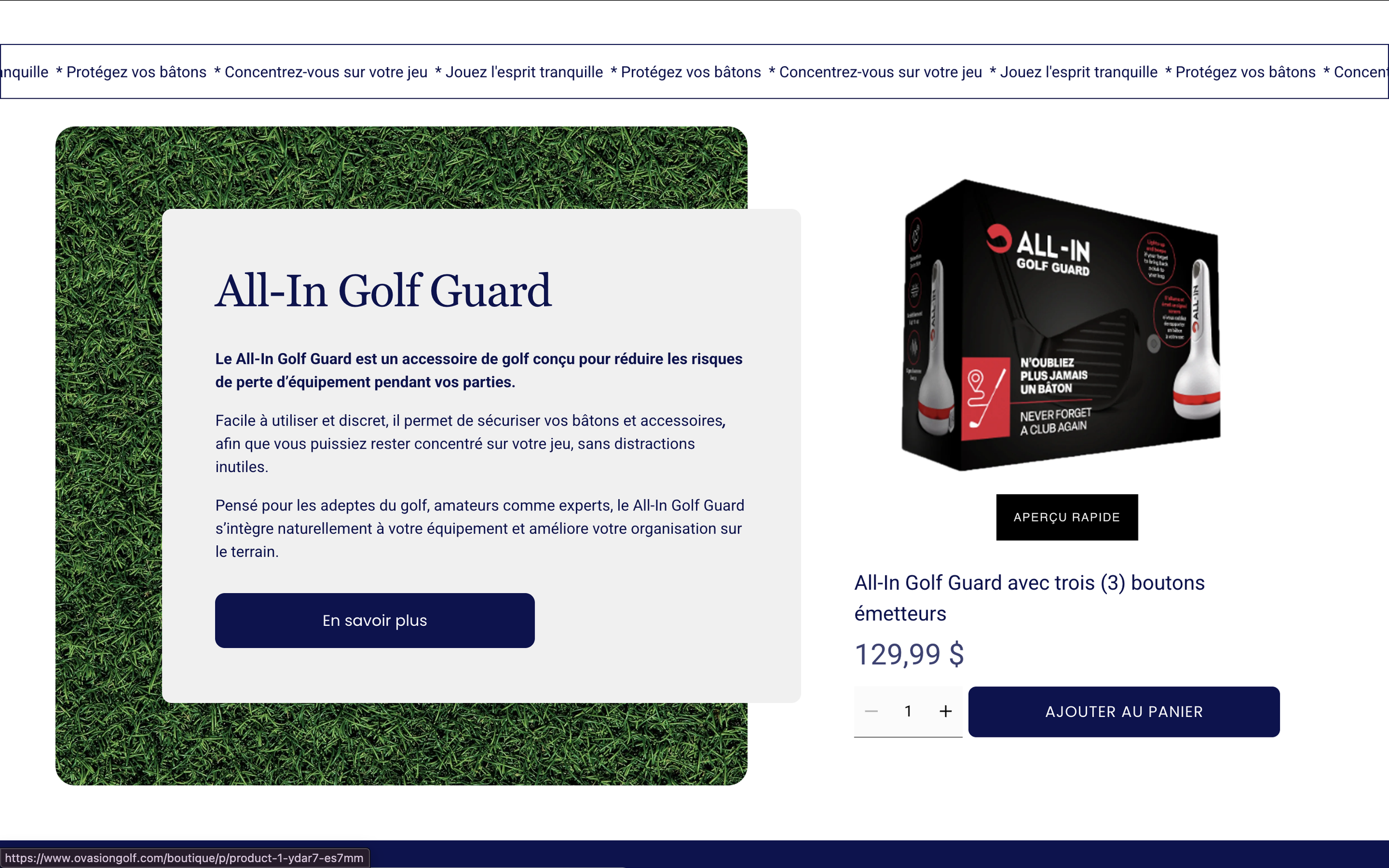 Ovasion Golf webpage advertising an All-In Golf Guard with three emitters, priced at $129.99. The ad features an image of the product and text describing its features, including an intelligent alarm system that alerts when a golf club is left behind.