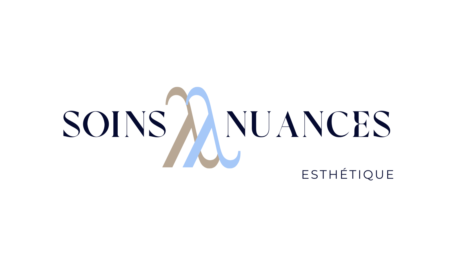 Logo of Soins et Nuances Esthétique featuring overlapping stylized letters 'S' and 'N' in beige and light blue, with the words 'Soins et Nuances' in dark blue and 'Esthétique' underneath.