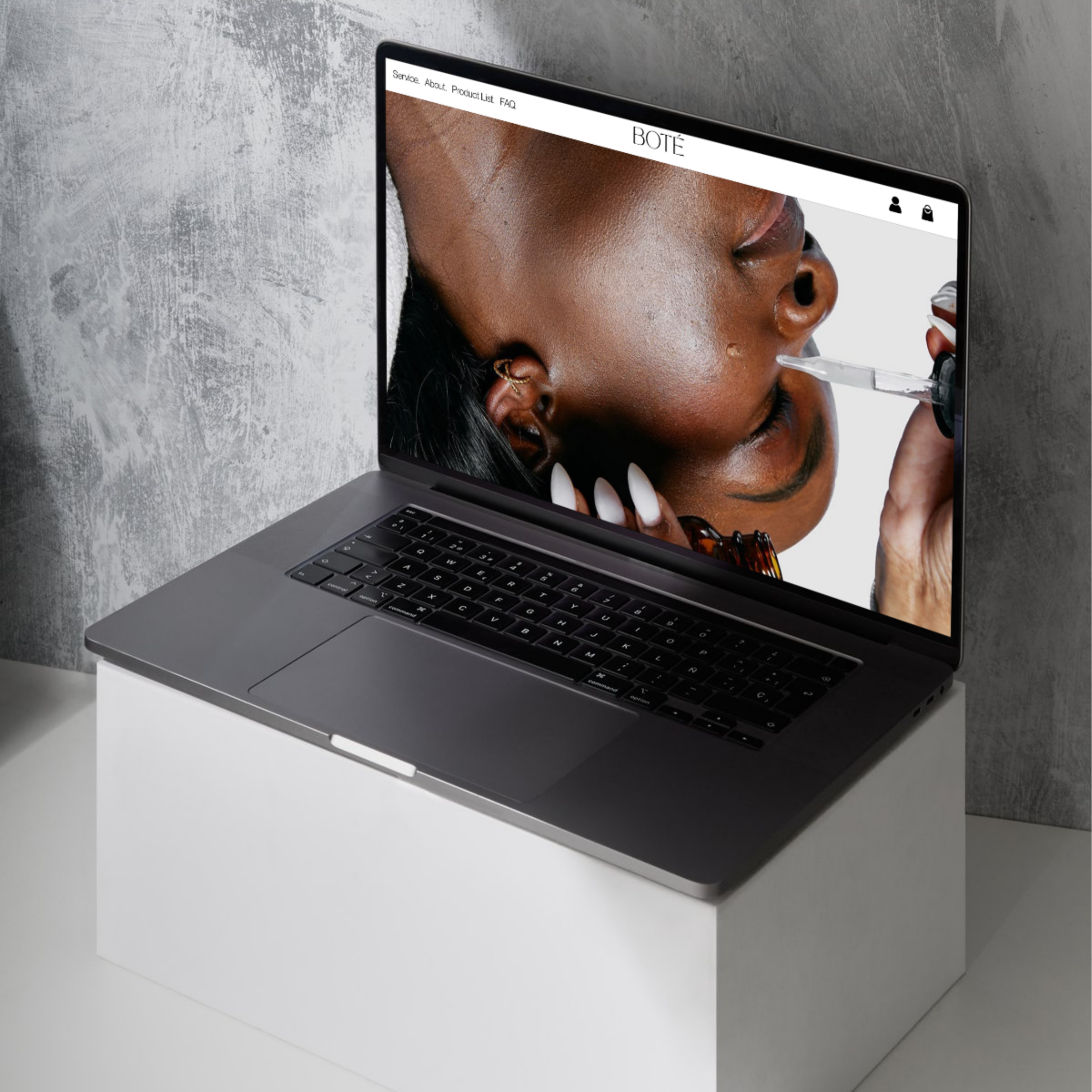 A laptop displaying a close-up image of a woman with dark skin applying skincare product to her face using a dropper, with a navigation bar visible on the screen that includes links to Service, About, Product List, and FAQ.