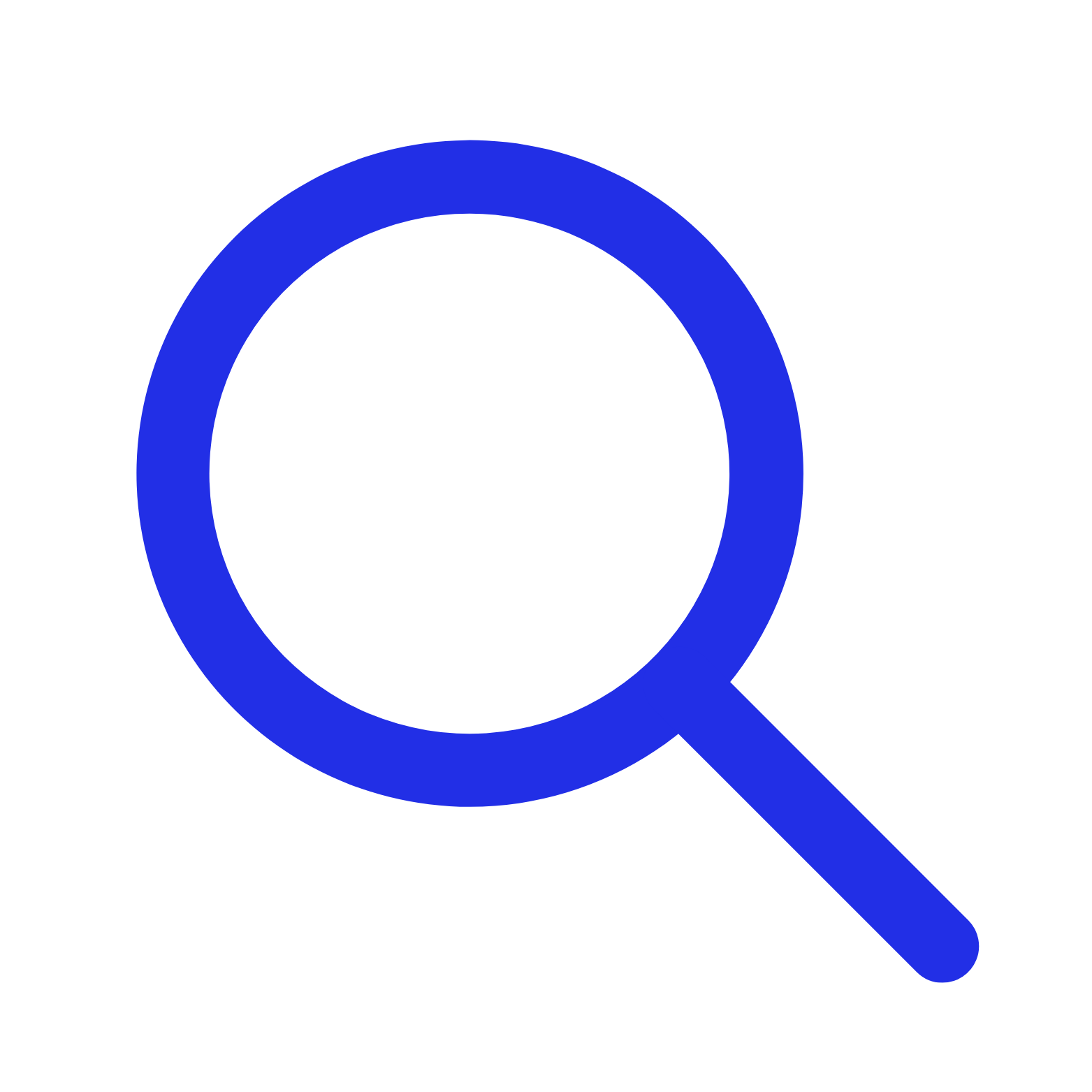 Blue magnifying glass icon on black background.