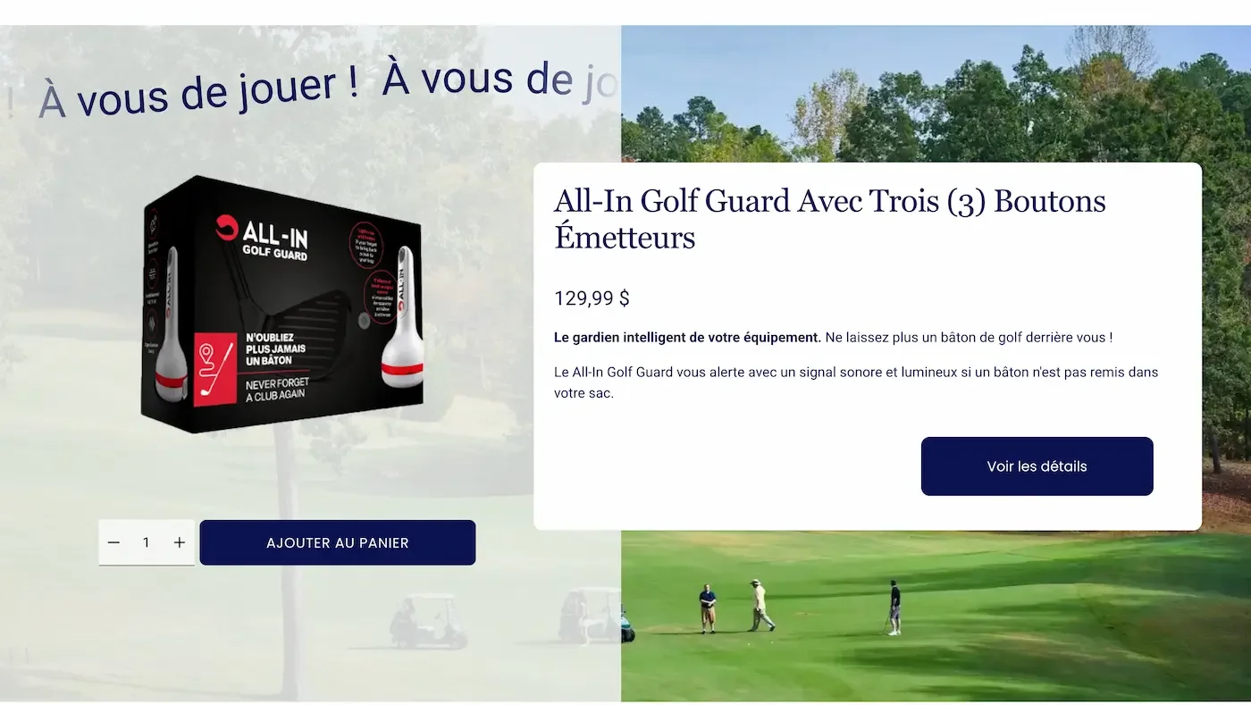 Ovasion Golf webpage advertising an All-In Golf Guard with three emitters, priced at $129.99. The ad features an image of the product and text describing its features, including an intelligent alarm system that alerts when a golf club is left behind.