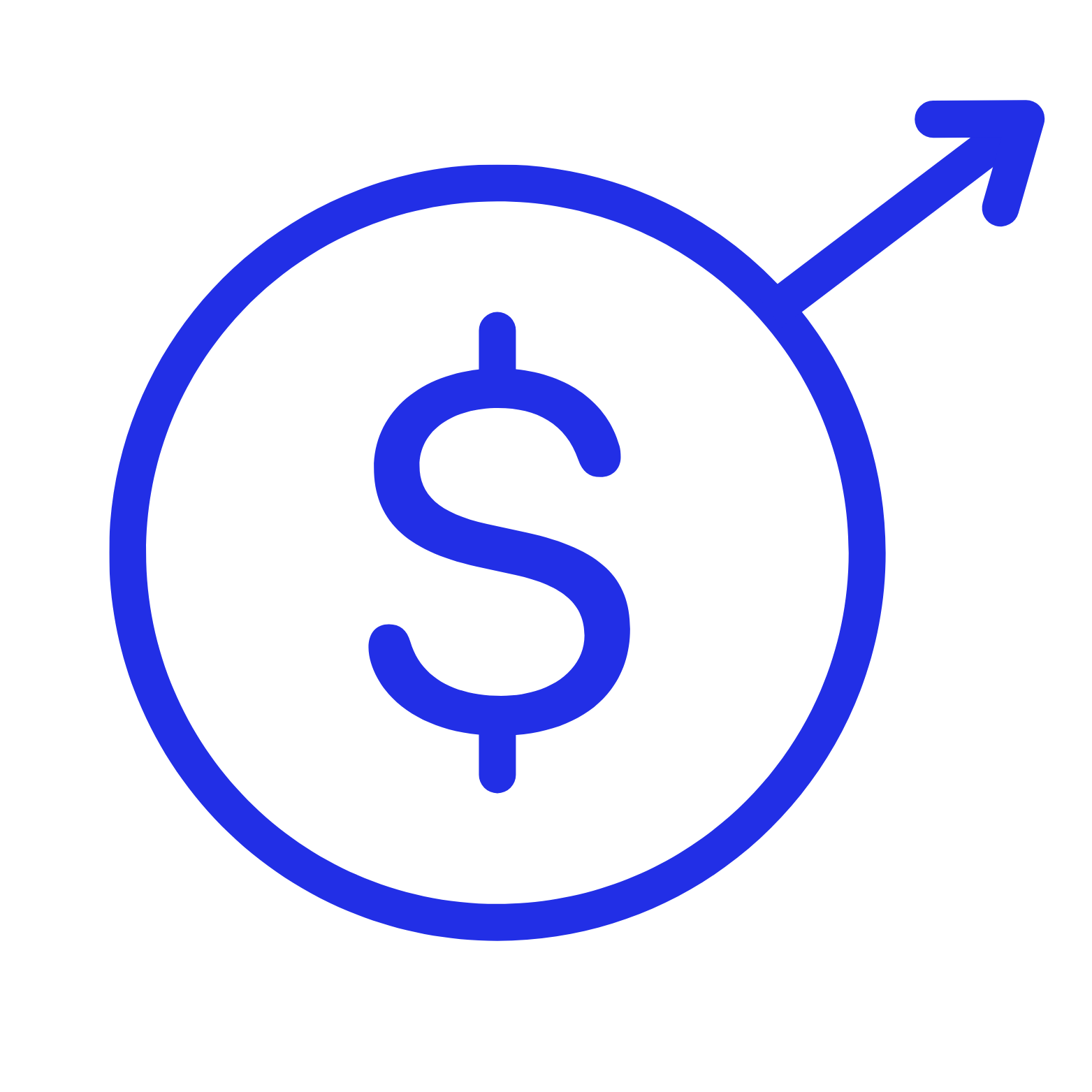 A blue icon of a dollar sign inside a circle with an arrow pointing upward and to the right.