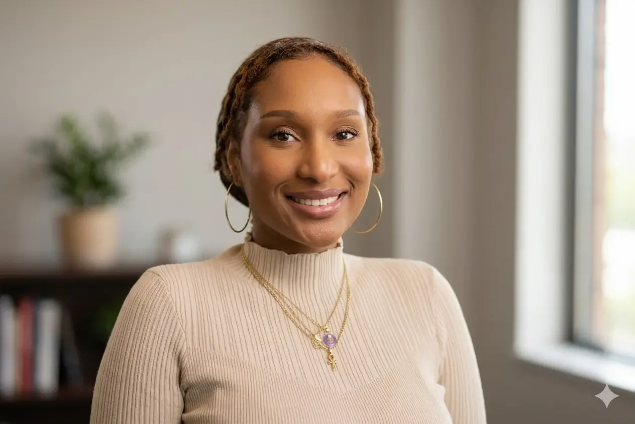 A smiling woman with curly hair wearing a beige turtleneck sweater, hoop earrings, and layered necklaces standing inside near a window with a blurred plant and bookshelf in the background.
