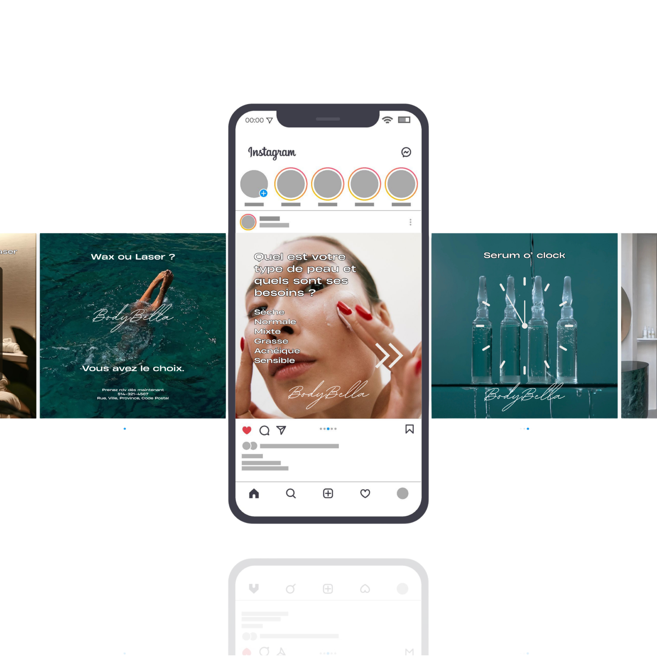 A smartphone displaying an Instagram profile page with various posts, including a woman touching her face, a swimming pool scene, and a water fountain image.