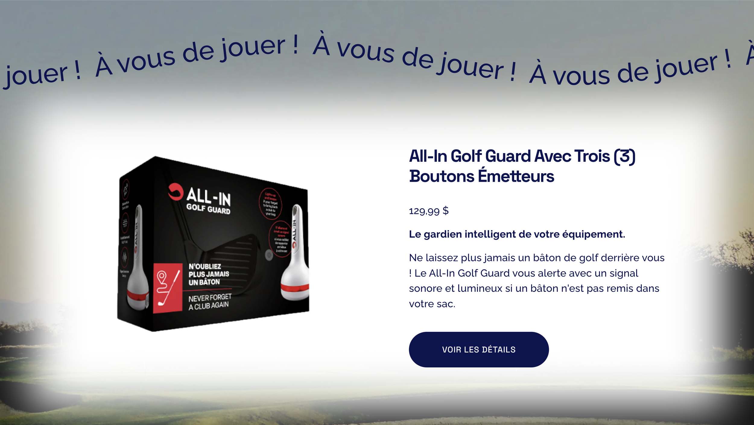 A webpage advertising an All-In Golf Guard with three emitters, priced at $129.99. The ad features an image of the product and text describing its features, including an intelligent alarm system that alerts when a golf club is left behind.