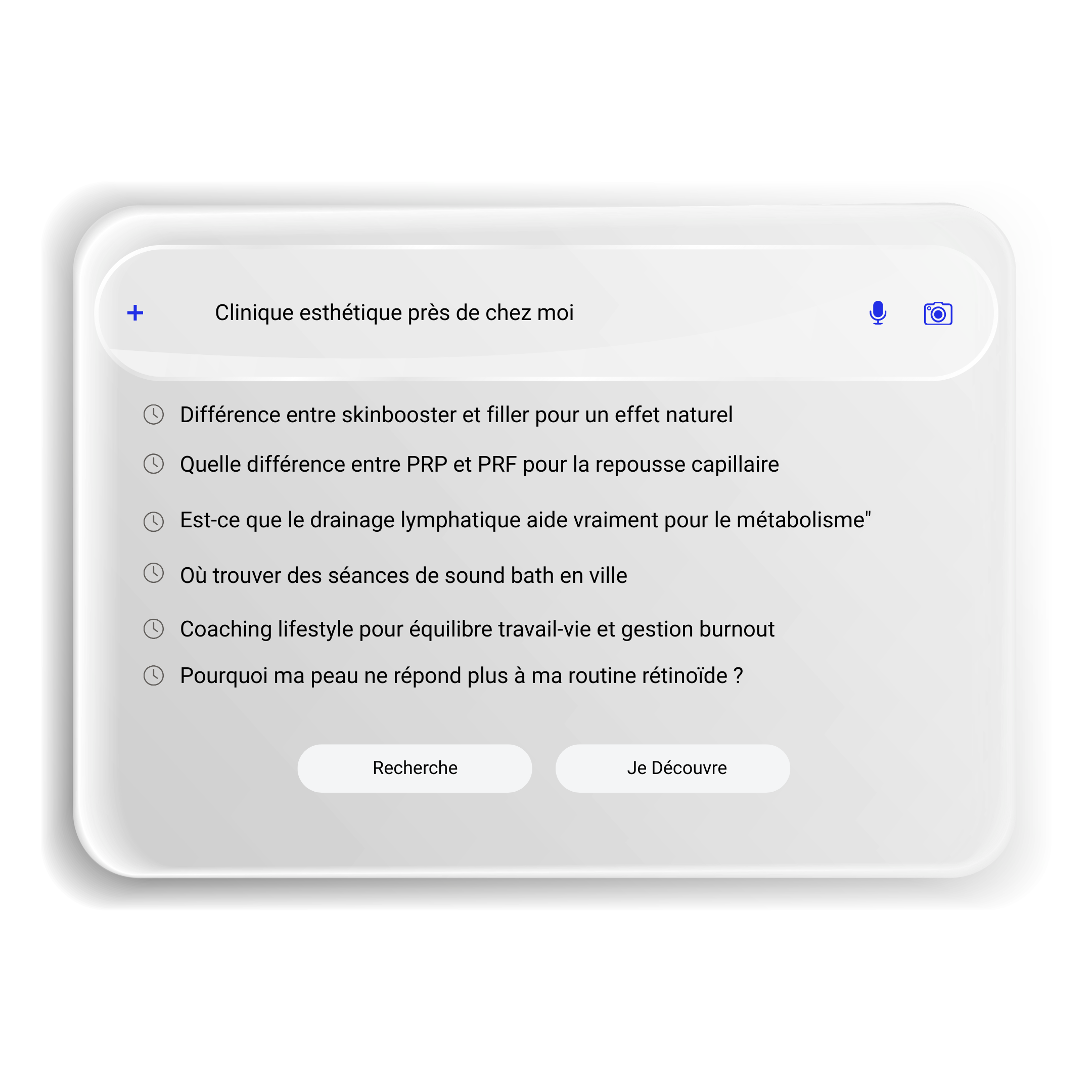 Screenshot of a mobile app interface with a search bar labeled 'Clinique esthétique près de chez moi' and search options 'Recherche' and 'Je Découvre' at the bottom.