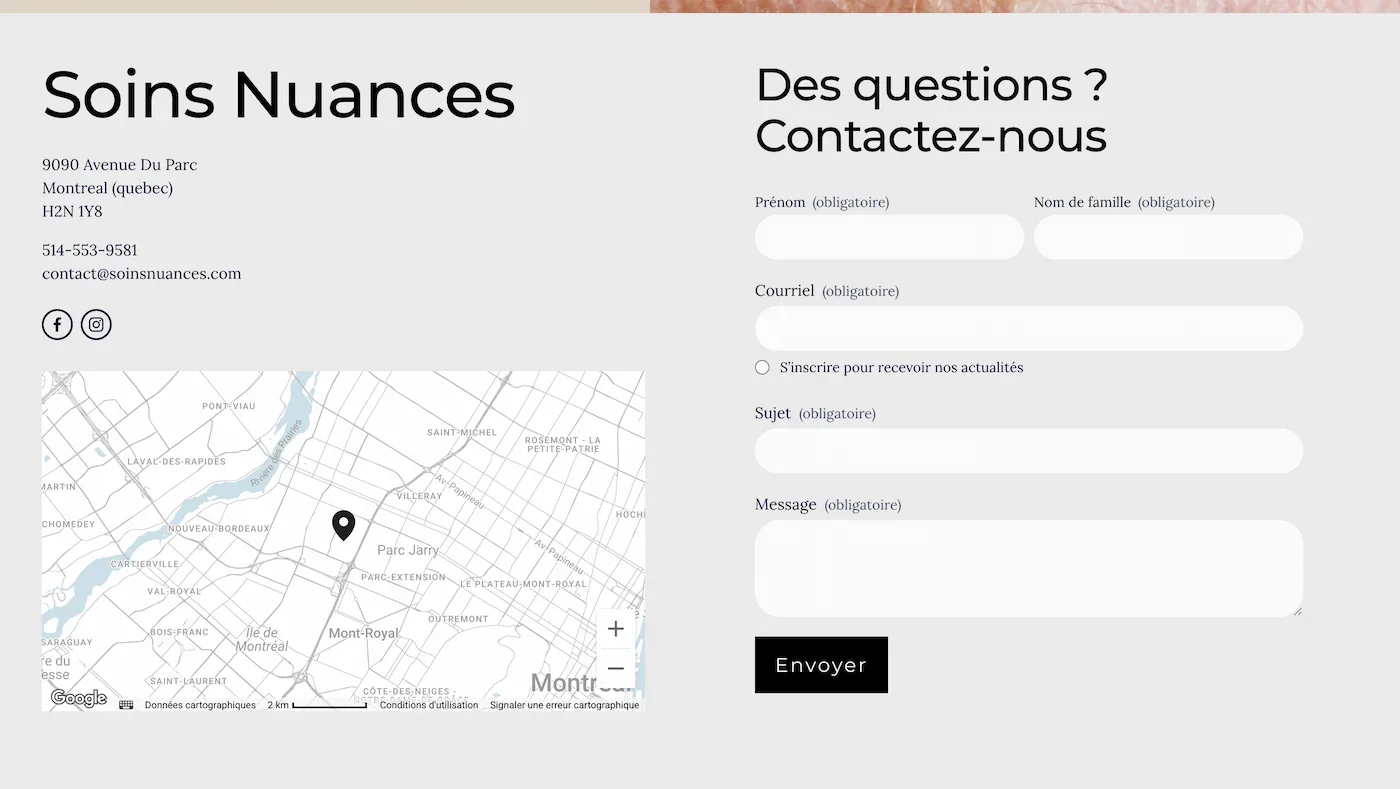 A contact form webpage for Soins Nuances with address, phone, email, social media icons, a map of Montreal, and fields for name, email, subject, message, and a submit button.
