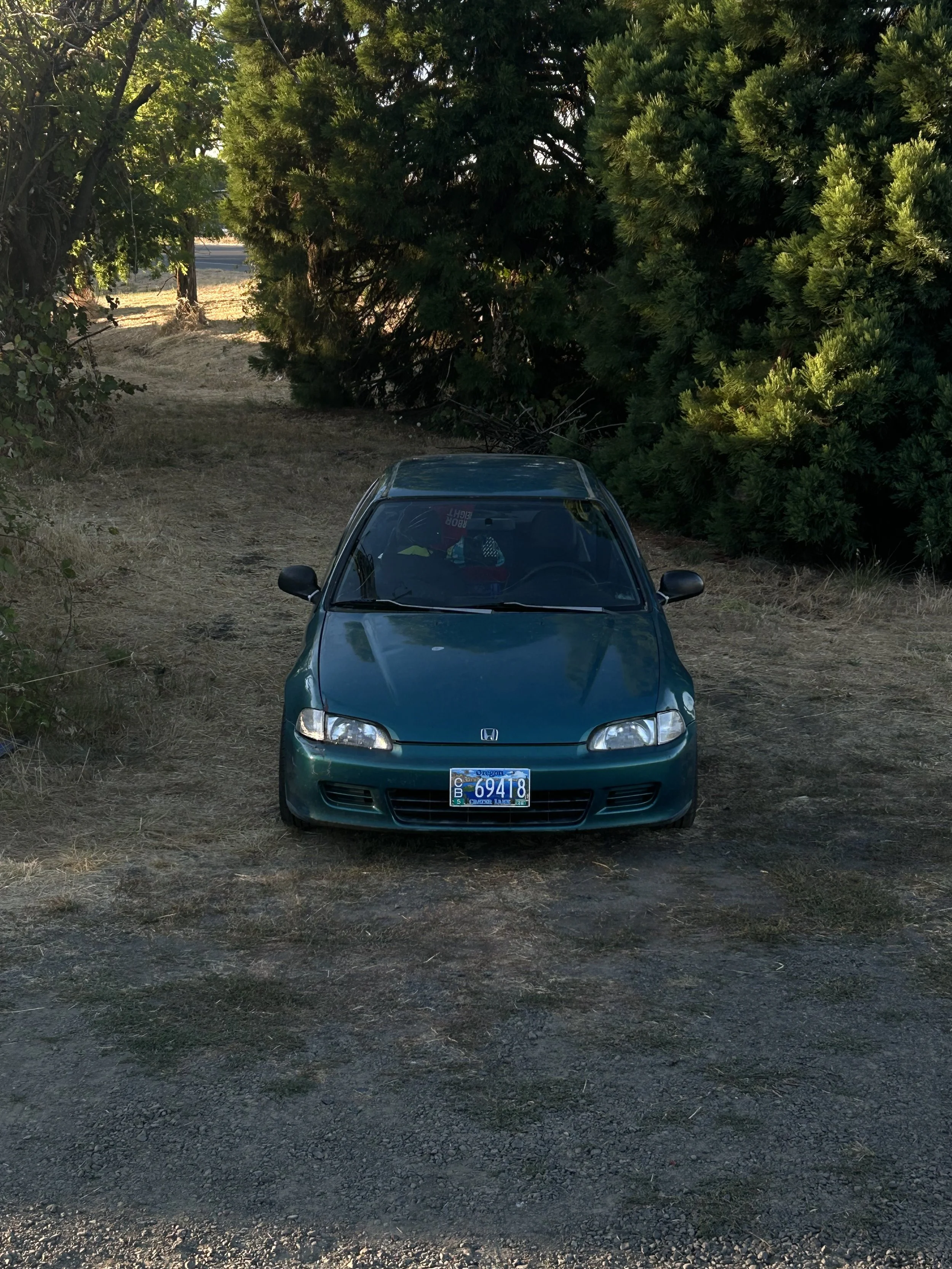 Green Honda Civic car parked on a dirt patch surrounded by trees and grass.