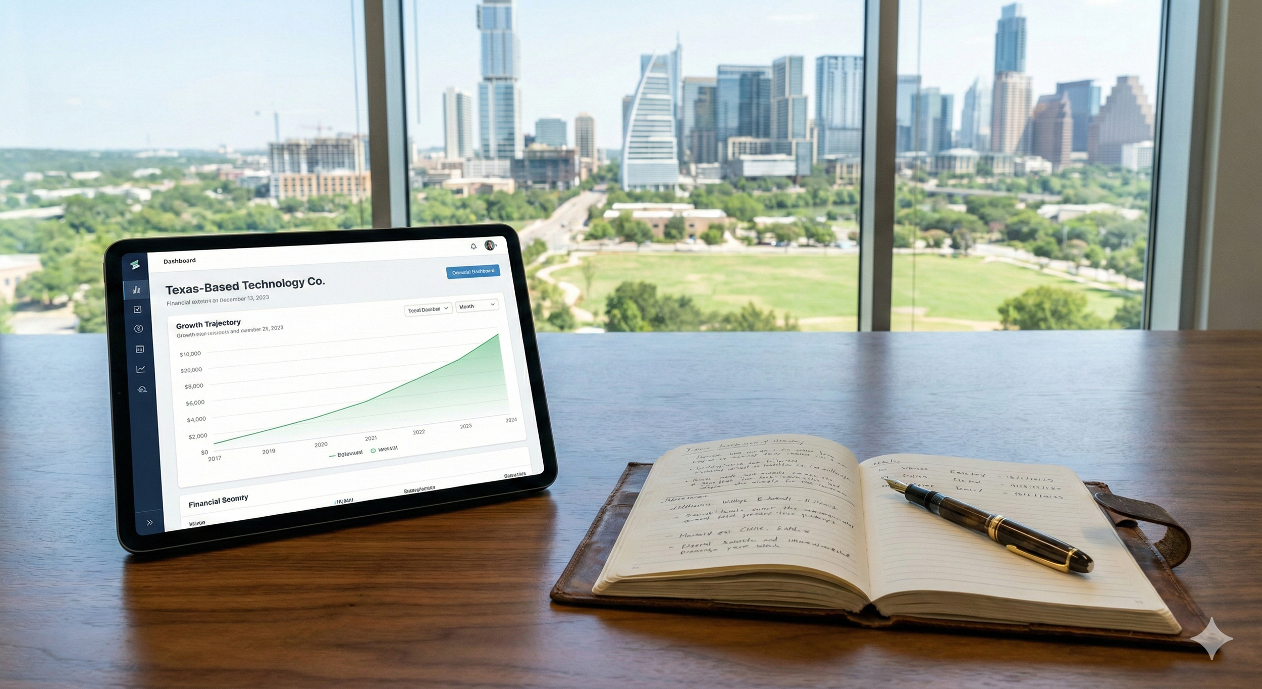 A tablet displaying a business dashboard with a growth trajectory graph labeled 'Texas-Based Technology Co.' on a wooden desk. Next to the tablet is an open notebook with handwritten notes and a black fountain pen. The desk is in front of a large window showing a city skyline with modern high-rise buildings and a green park.