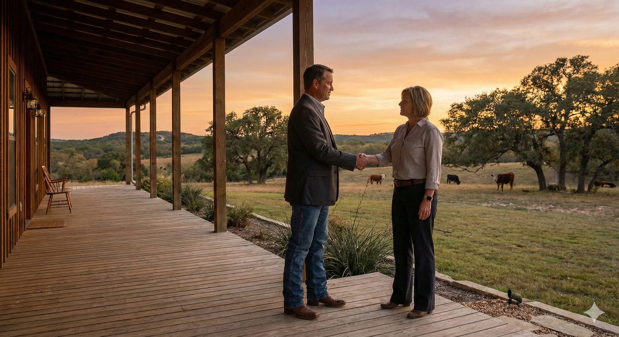 A man and woman shaking hands on a wooden porch at sunset, with cows grazing in the background and trees and hills in the distance.