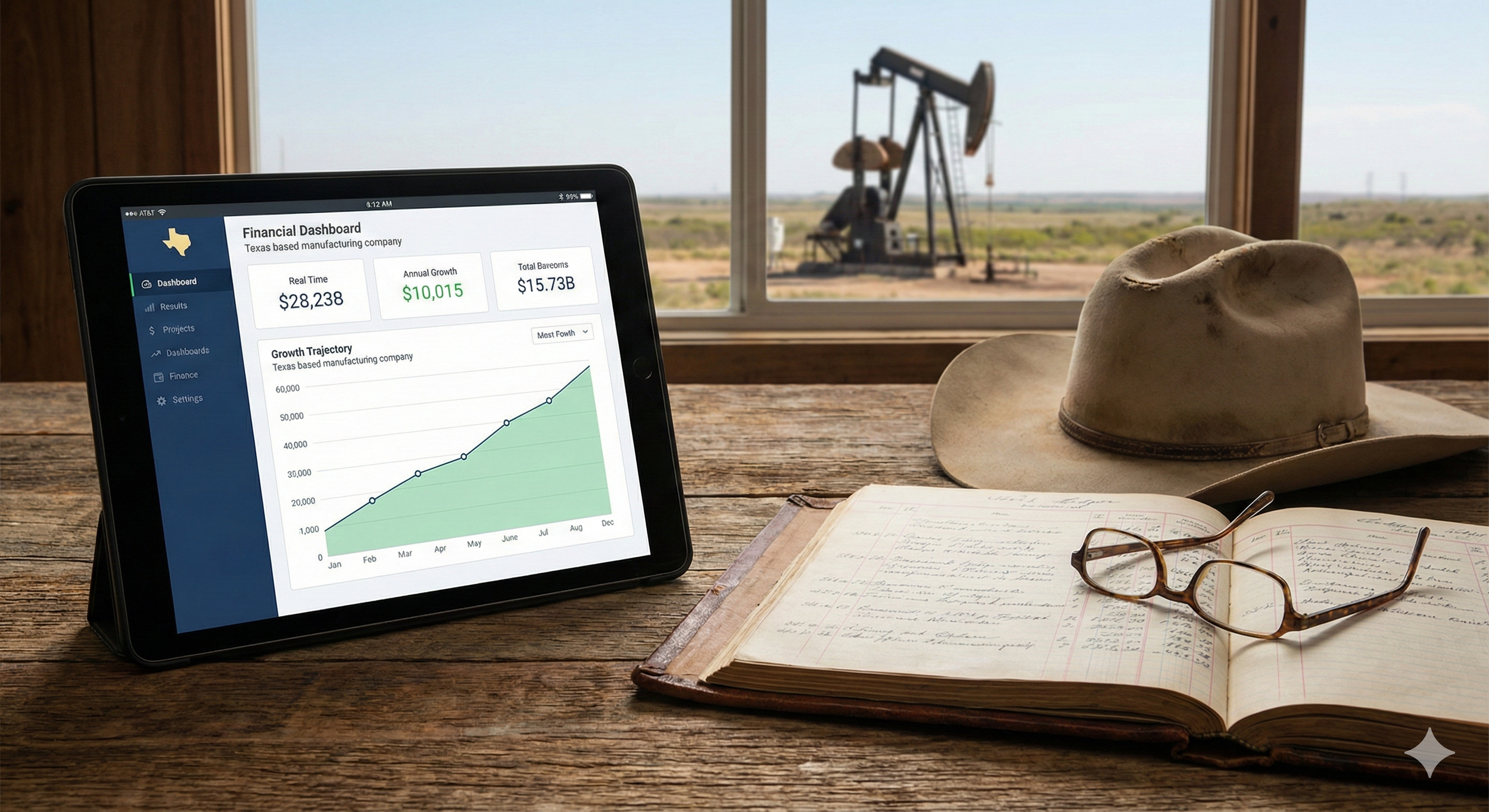 An electronic tablet displaying a financial dashboard with a growth chart, glasses, a cowboy hat, and an open notebook on a rustic wooden table, with an oil pump jack and desert landscape outside the window.