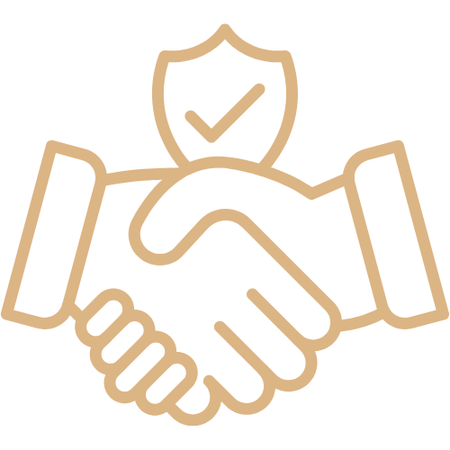 Line drawing of a handshake with a shield above it containing a checkmark.