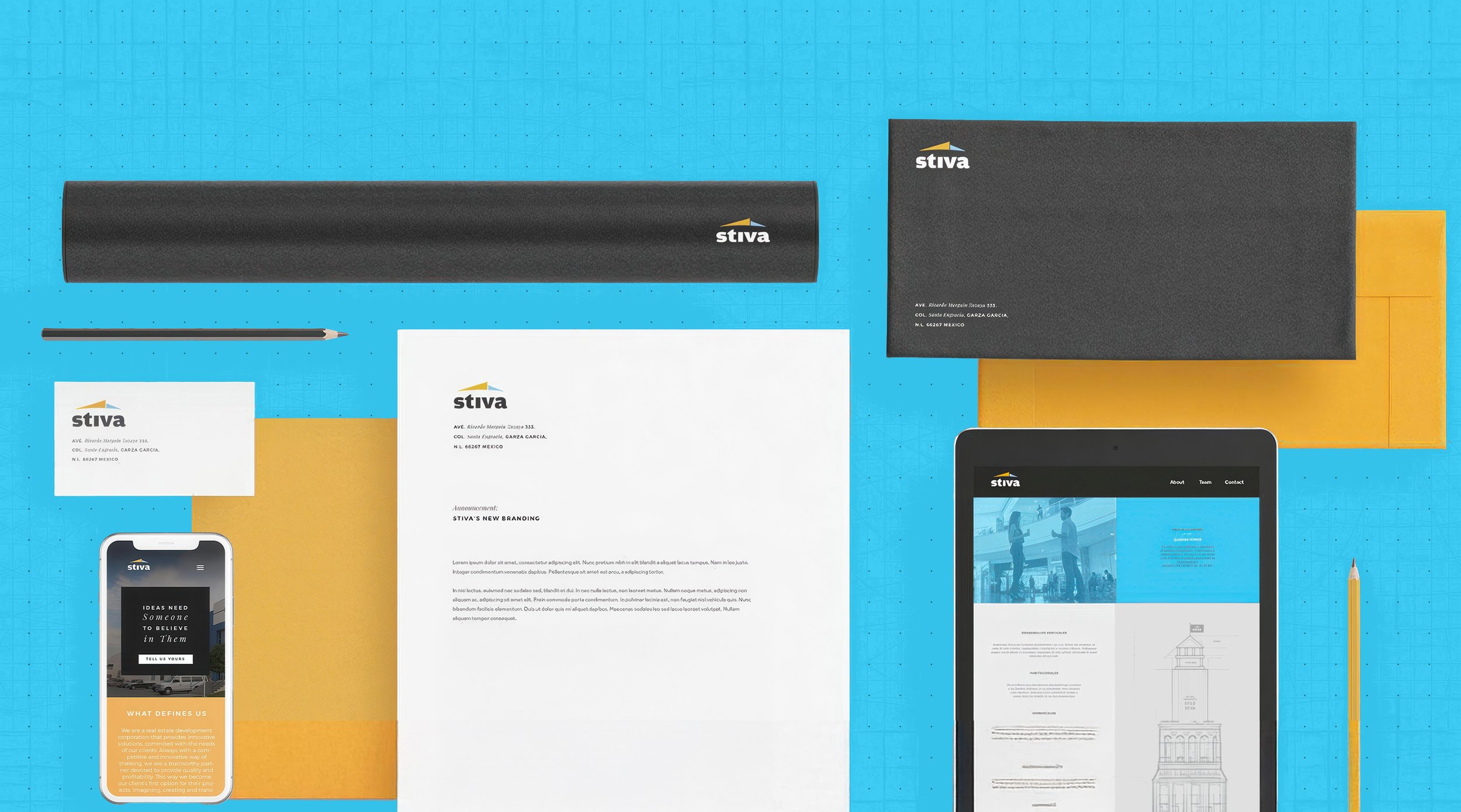 Flat lay of branding materials for Stiva, including business cards, a smartphone displaying the Stiva website, a tablet, a pencil, envelopes, and folders on a blue grid background.