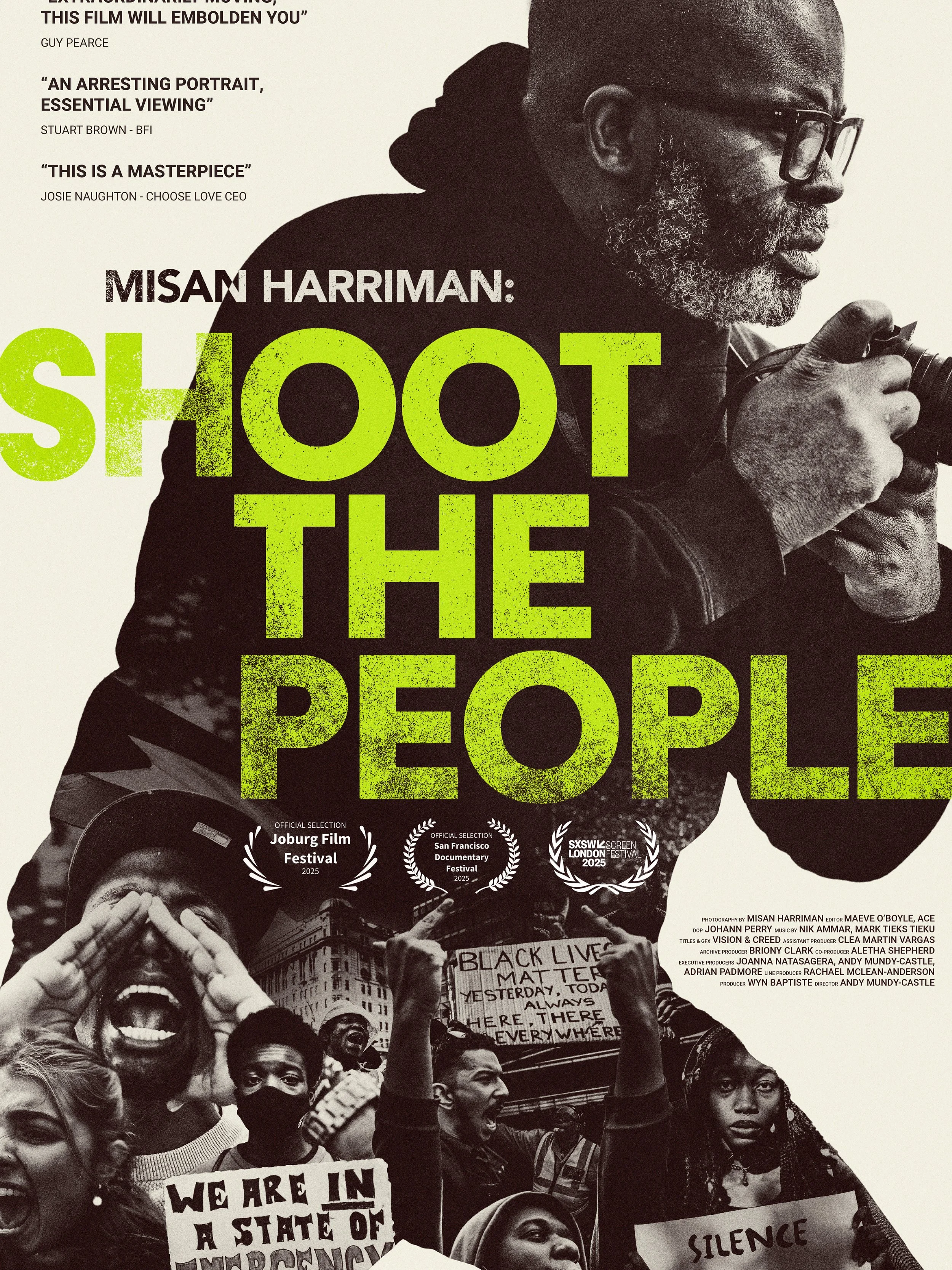 Shoot The People documentary movie poster starring photographer and activist Misan Harriman, showcasing Black Lives Matter protests, activism, photography, and social justice.