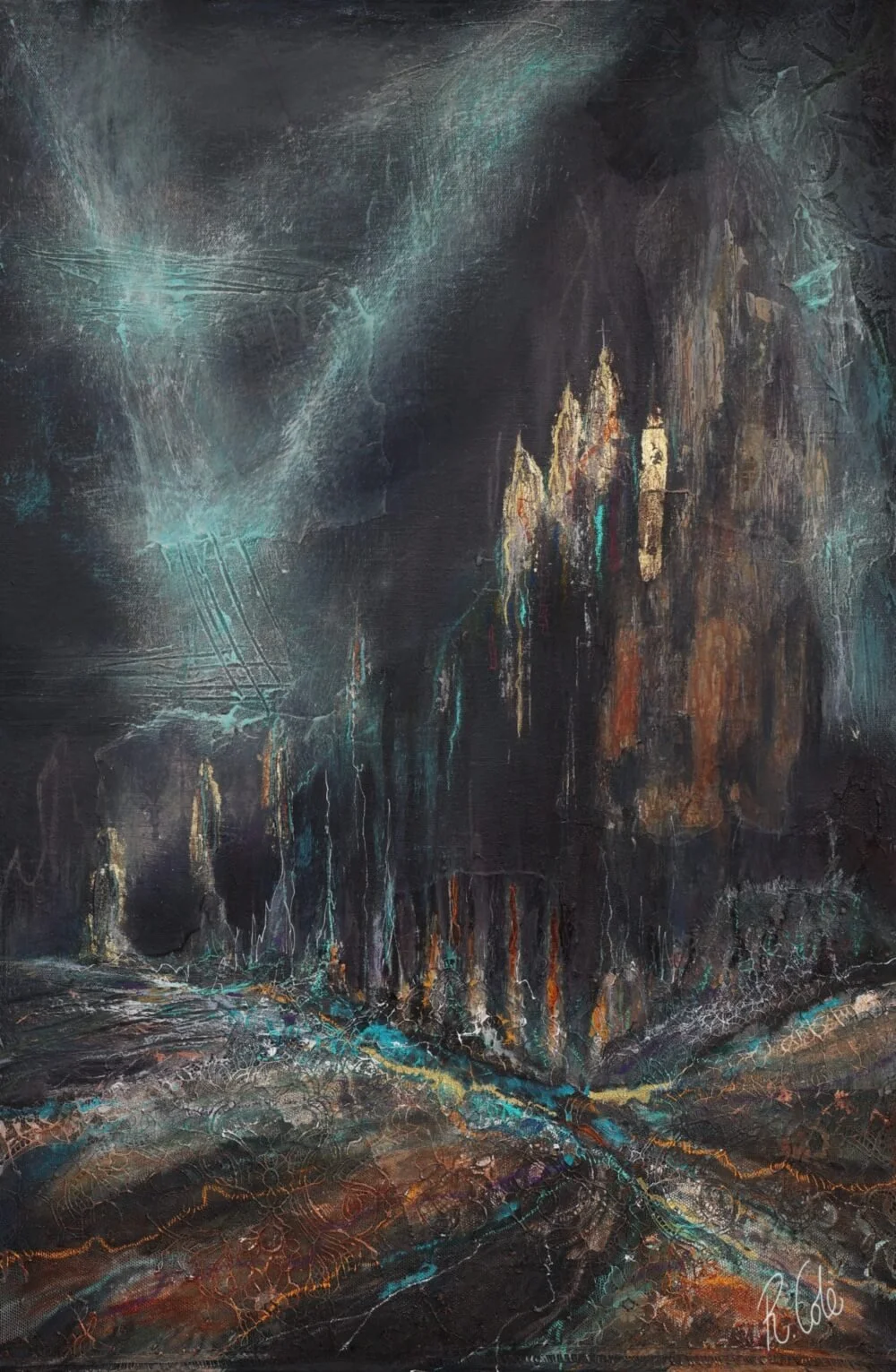 Abstract painting with dark tones, bright turquoise accents, and textured surface.