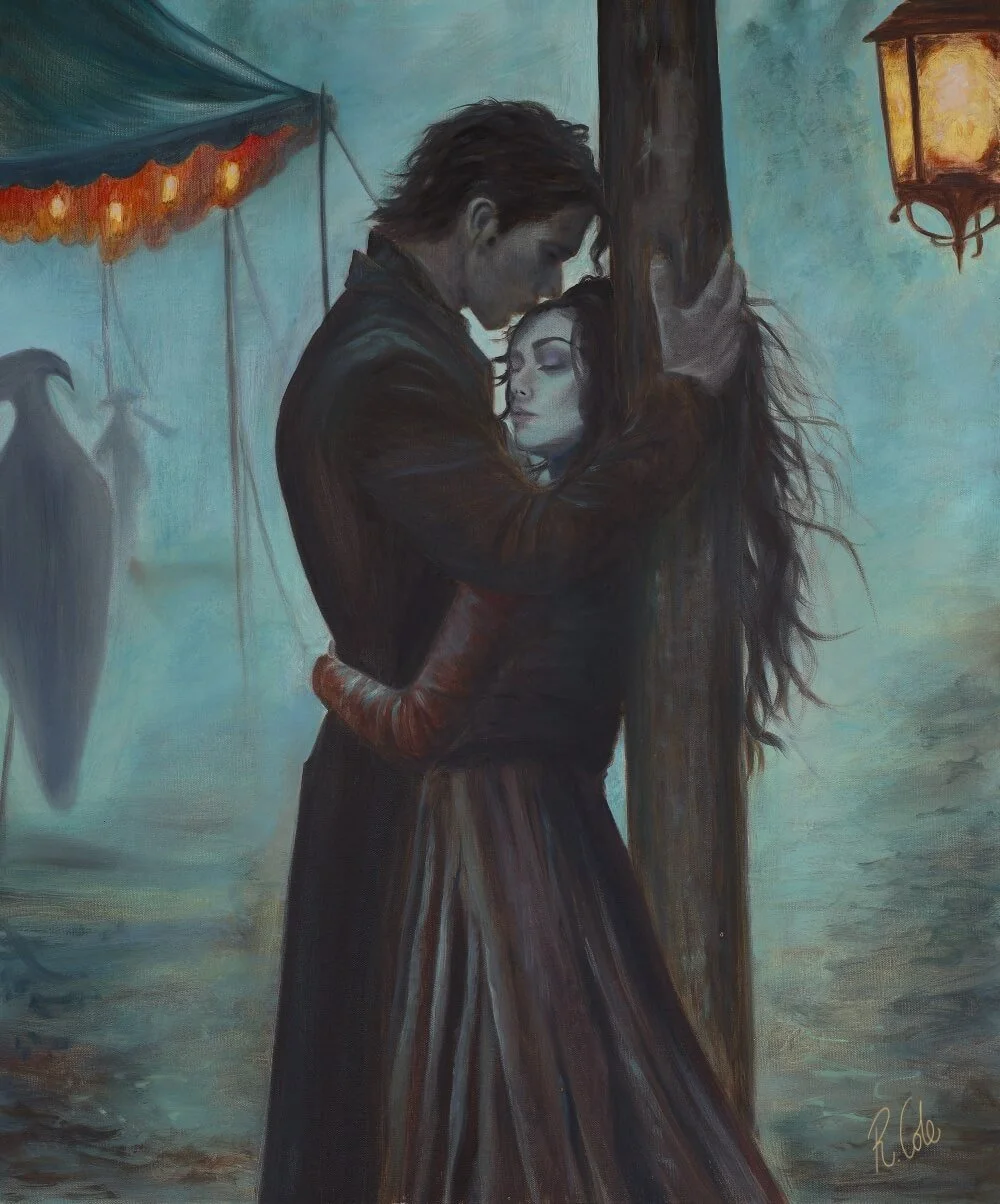 A painting of a couple embracing, standing close under a streetlamp near a carousel at night.