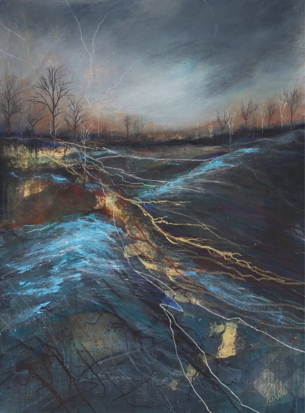 A landscape painting of a stormy scene with barren trees, lightning, and a dark sky, with colorful abstract elements resembling lightning and water.