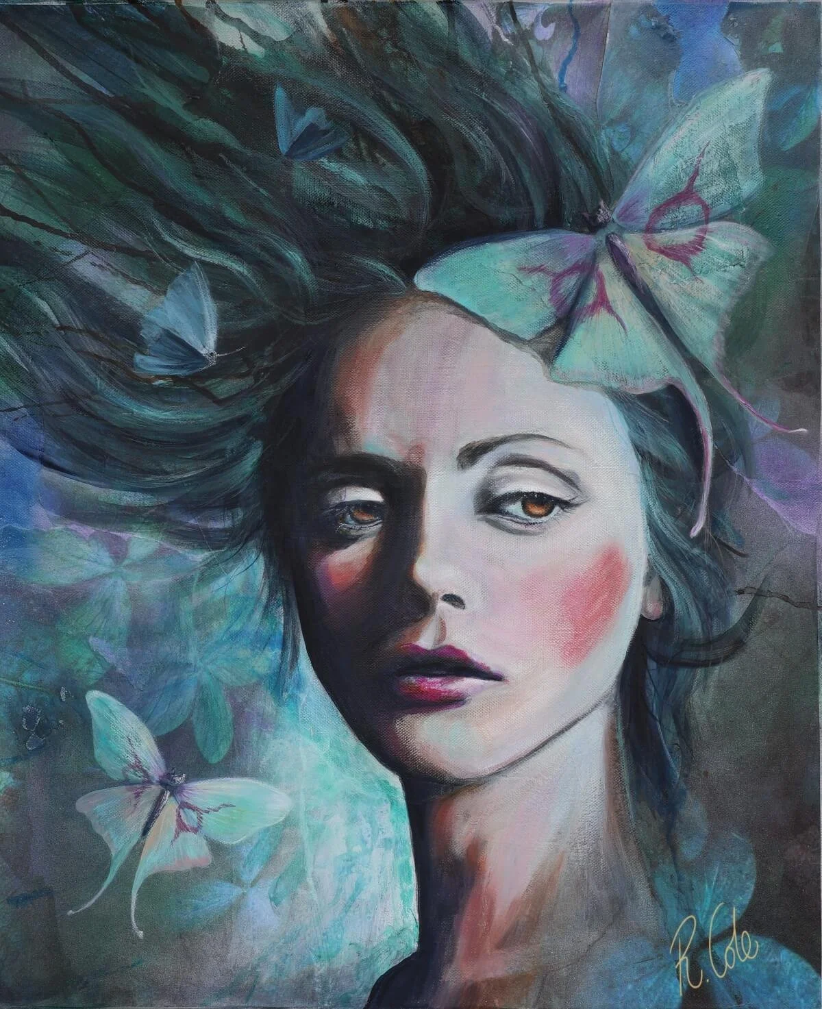 A portrait painting of a woman with flowing dark hair, surrounded by butterflies and floral elements, with soft colors and detailed features.