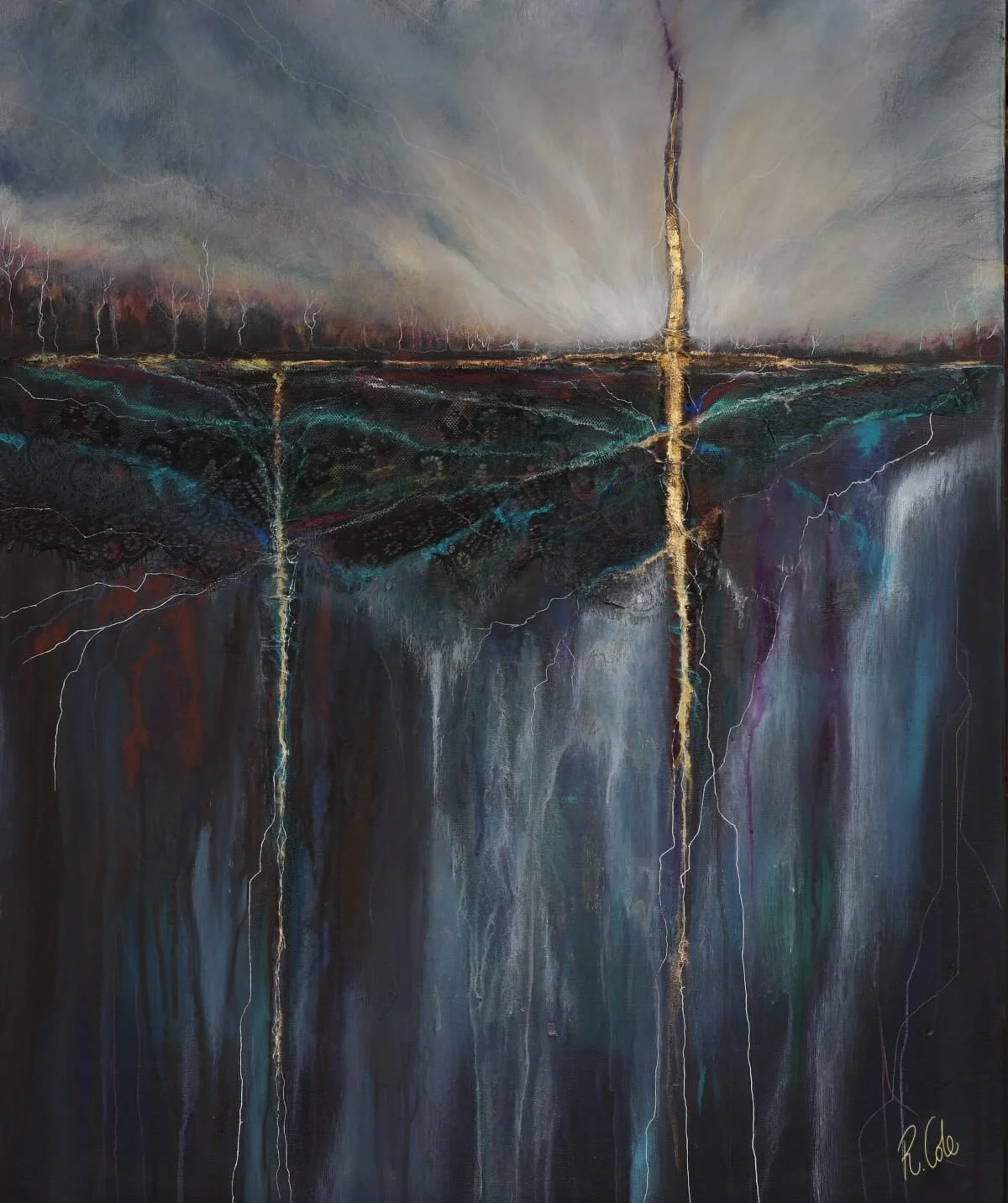 Abstract landscape painting with dark colors, jagged lines, and a bright burst in the sky, featuring vertical streaks resembling lightning or waterfalls.