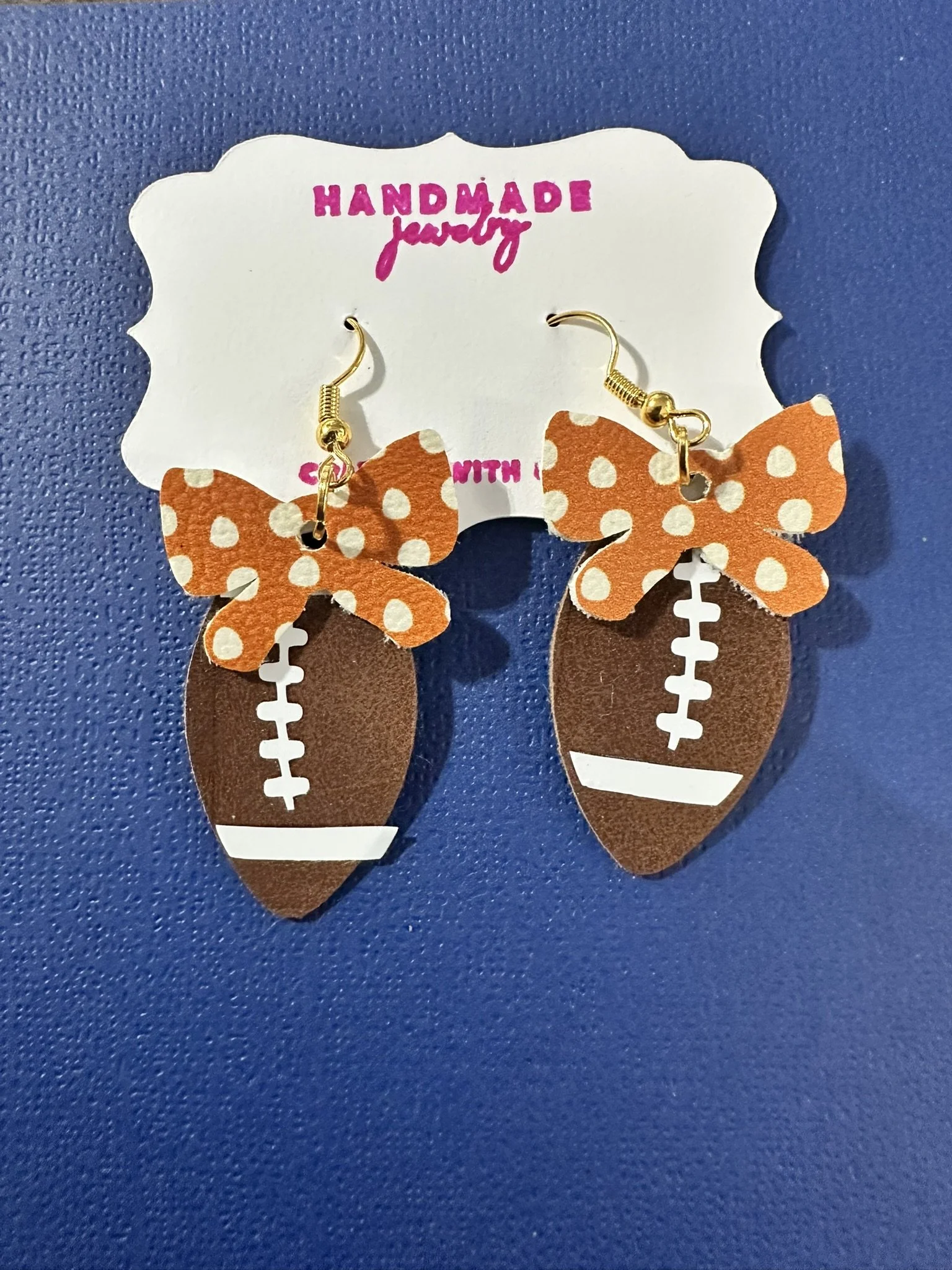 Faux Leather Football Polka Dot Bow Earrings-Great for Sports Fans