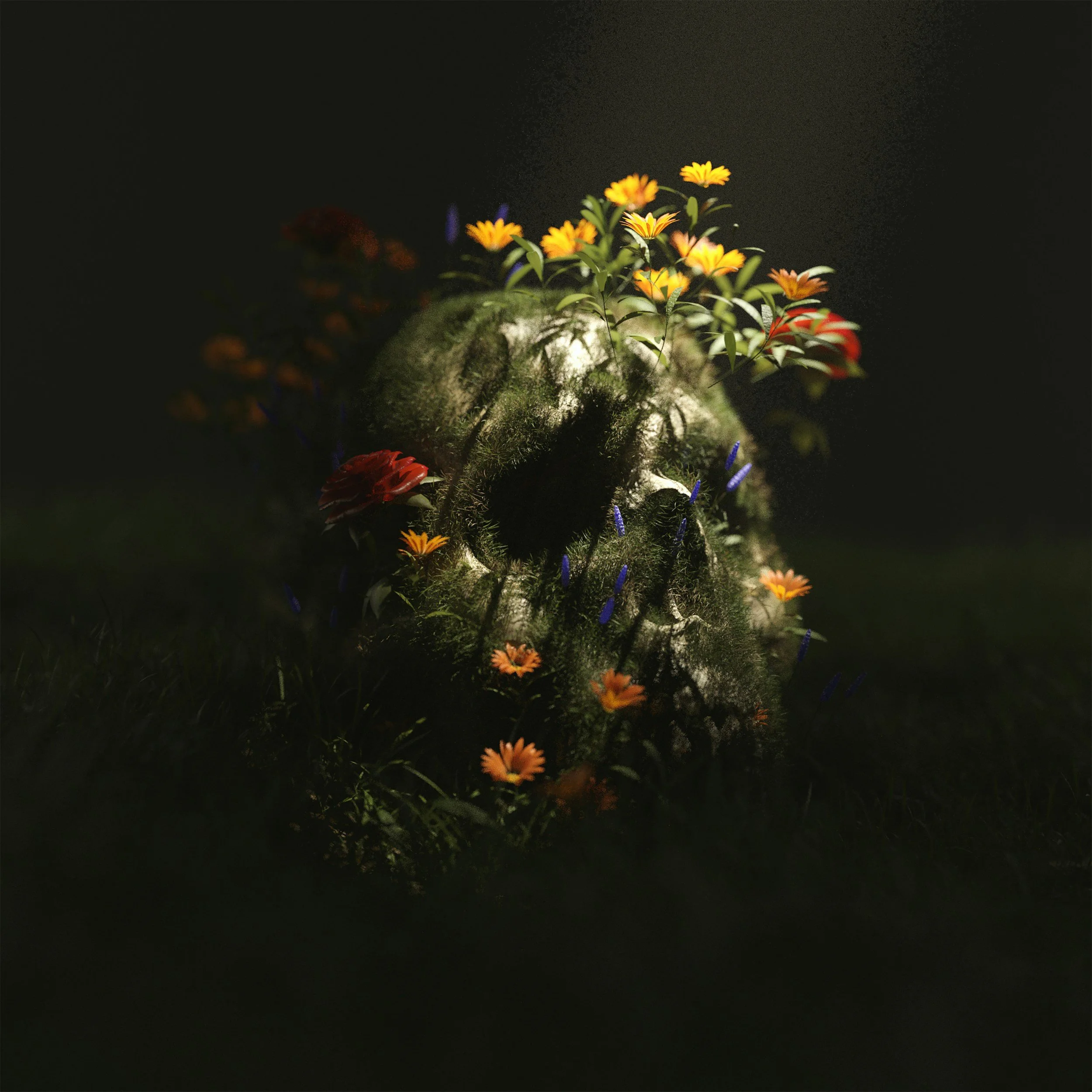 A dark background with a moss-covered skull surrounded by colorful flowers and plants, illuminated softly.