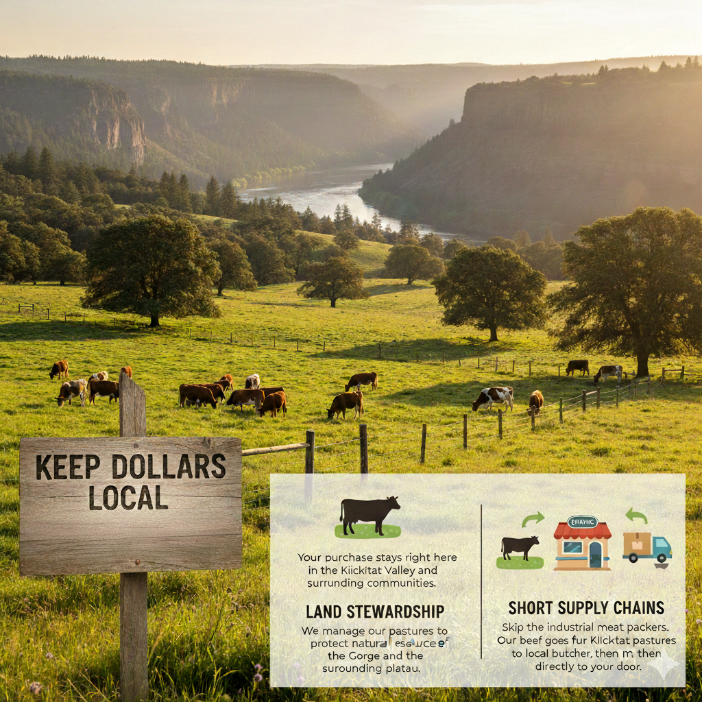 A scenic landscape with green fields, trees, and a river winding through a valley surrounded by hills and cliffs. Cows are grazing in the foreground, and there is a sign that says "Keep Dollars Local." Two informational signs are seen, one about land stewardship and the other about short supply chains for beef products.