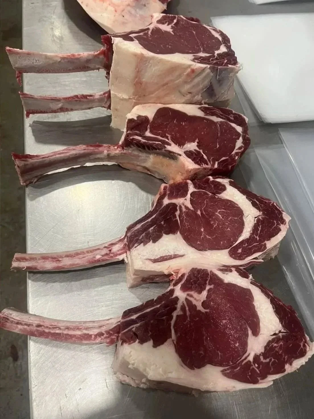 Four raw T-bone steaks with beef ribs on a butcher's stainless steel table.