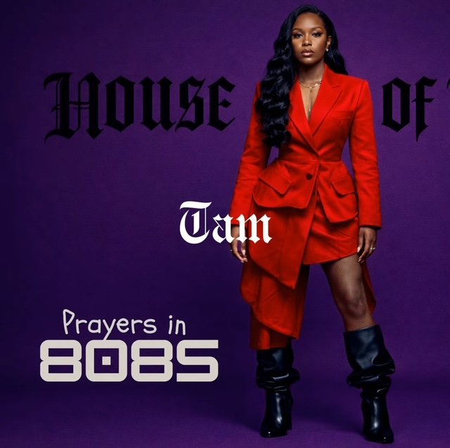 A woman wearing a red suit and black boots standing against a purple background with text that reads 'House of Tam' and 'Prayers in BOBs.'
