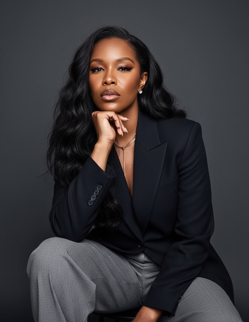 Portrait of a woman with long black wavy hair, wearing a navy blazer and gray pants, sitting against a dark gray background.