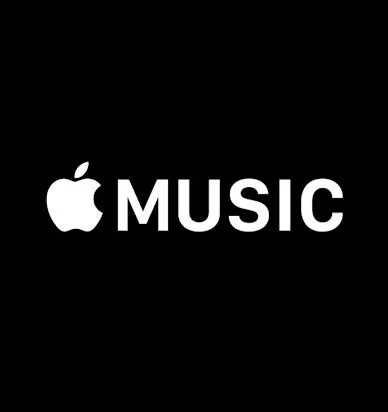 Apple Music logo with white text and icon on black background.
