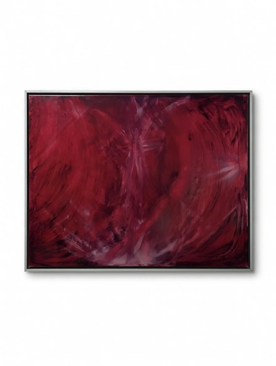 Abstract painting with swirling red and dark hues framed in black, hung on a white wall. contemporary art, contemporary artist, contemporary artowork,  and abstract art, abstract artist, abstract artwork,where emotion becomes the primary language
