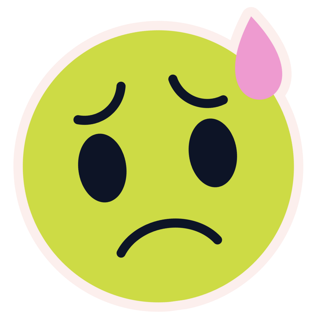 A green emoji face with a sad expression, large black eyes, and a single pink tear on the right side.