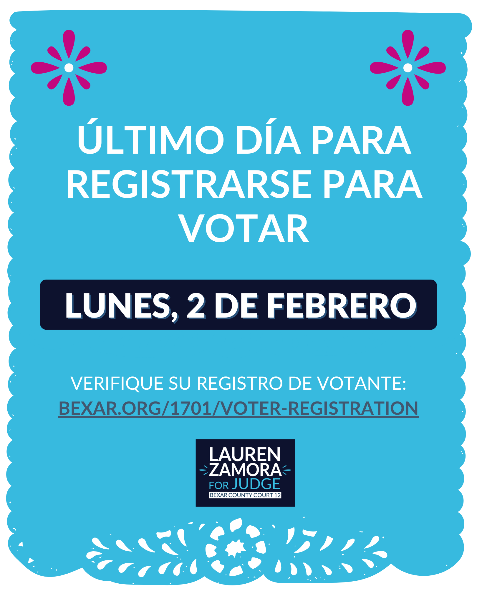 Social media post for final day to register to vote in Spanish