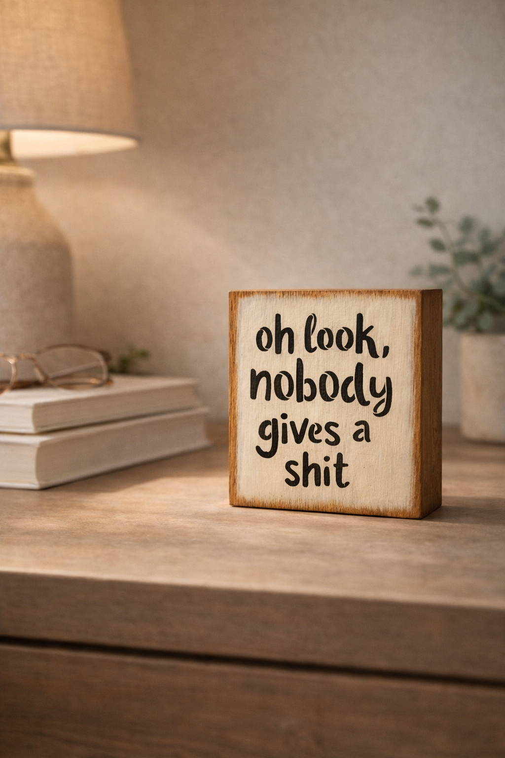 Humorous sign on a cozy desk.png