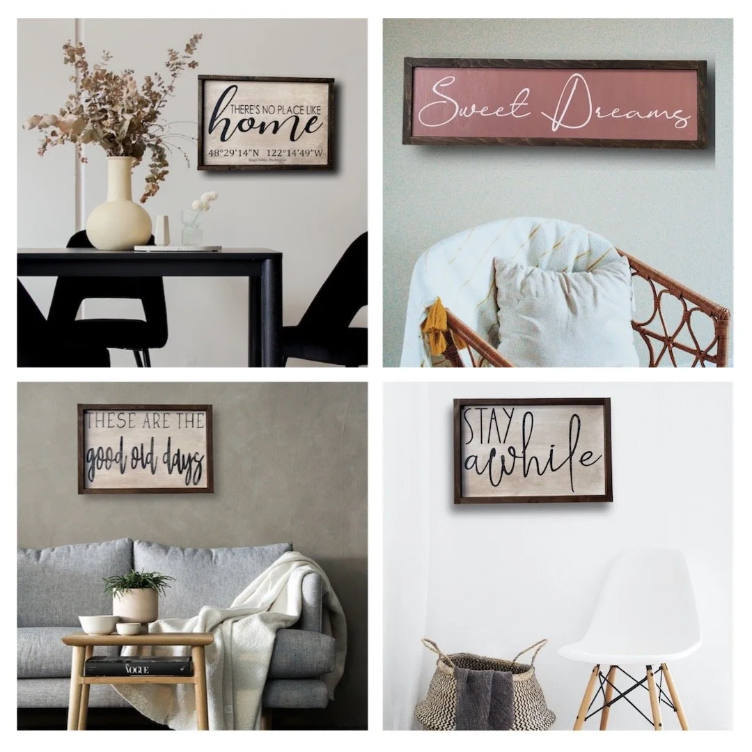 Four photos of home decor with framed wall signs featuring inspirational quotes. Top left: Black shadow box sign reading 'There's no place like home' with coordinates, beside a large vase with dried flowers on a black table. Top right: Frame with pink background and white cursive text reading 'Sweet Dreams', over a white chair with a pillow. Bottom left: Sign with gray background and black cursive text reading 'These are the good old days' above a gray sofa with a blanket and a small coffee table. Bottom right: Sign with white background and black cursive text reading 'Stay awhile' next to a white chair and a woven basket.