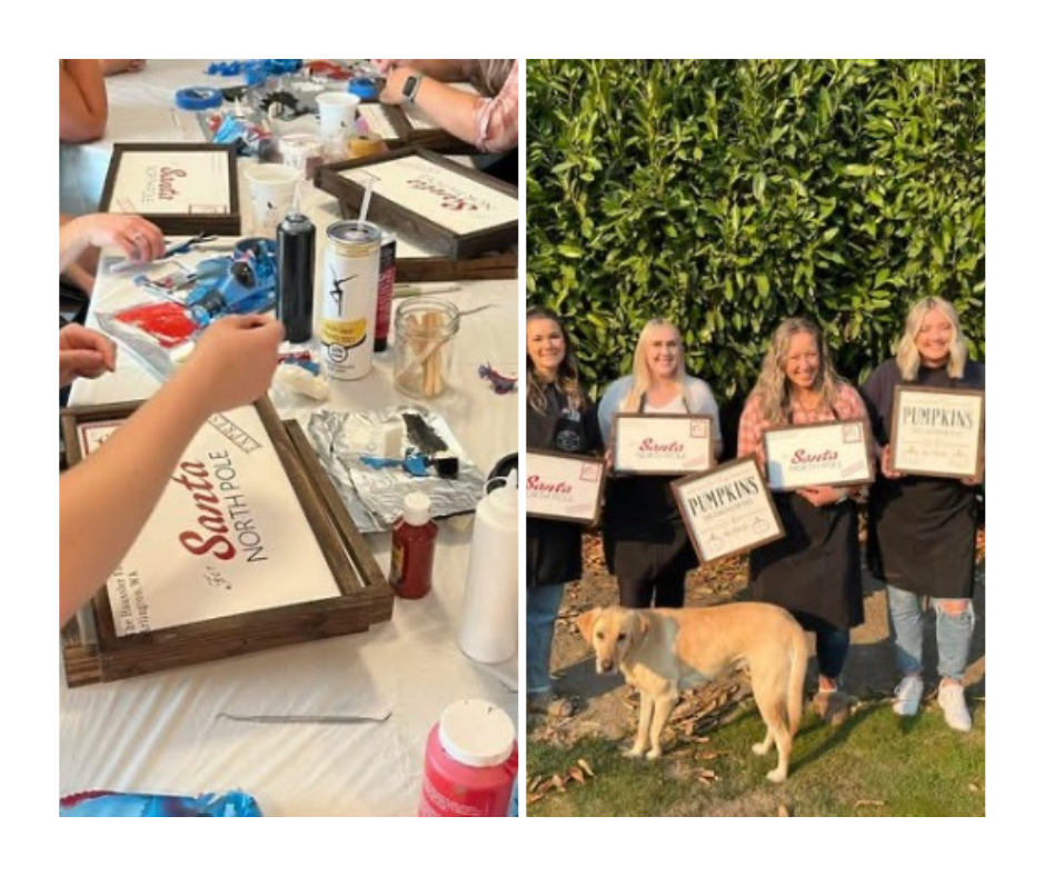 people painting and posing with their holiday signs