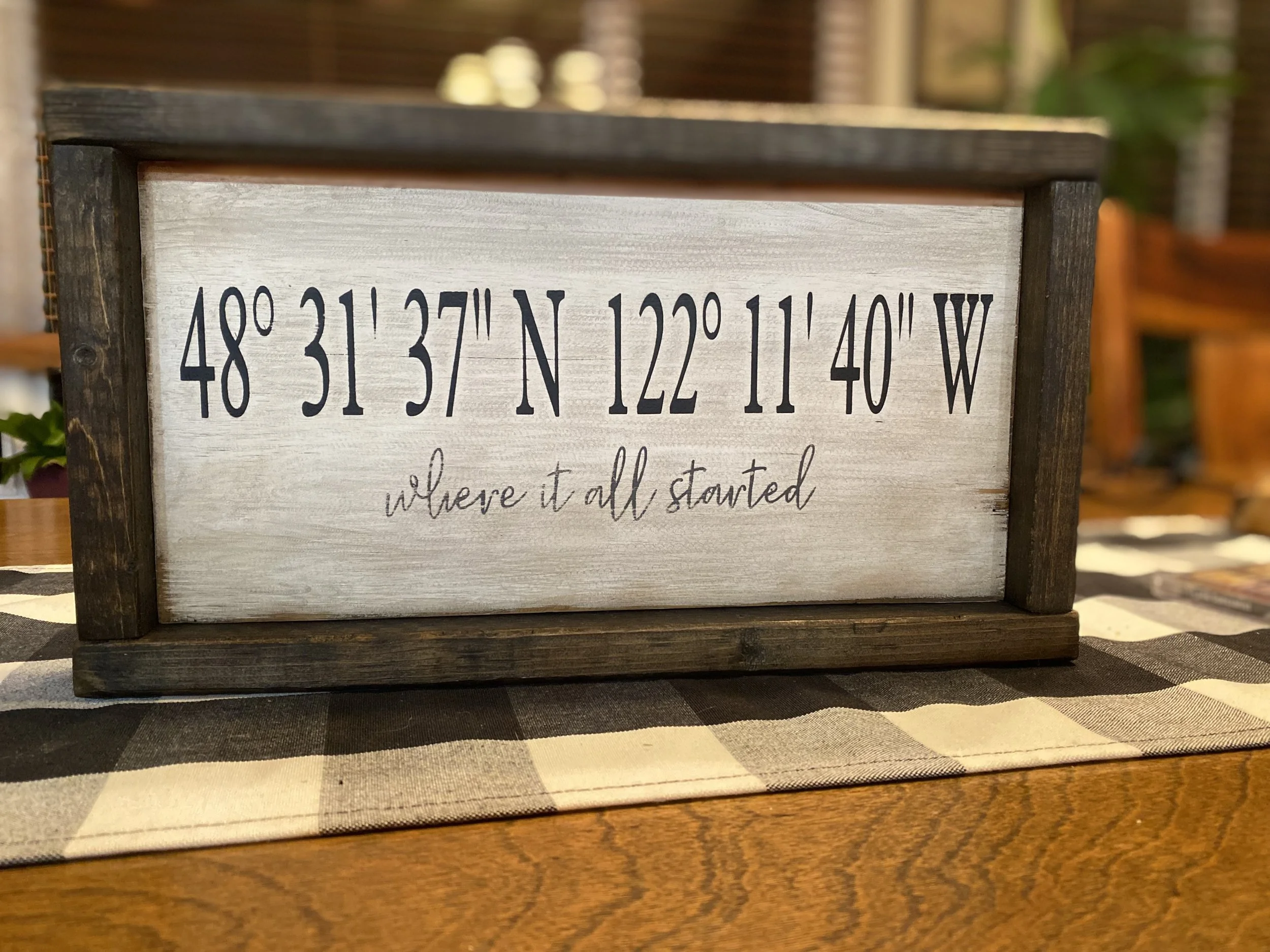 A sign with geographic coordinates and the phrase "where it all started" on a wooden table with a checkered tablecloth, in a cozy indoor setting.