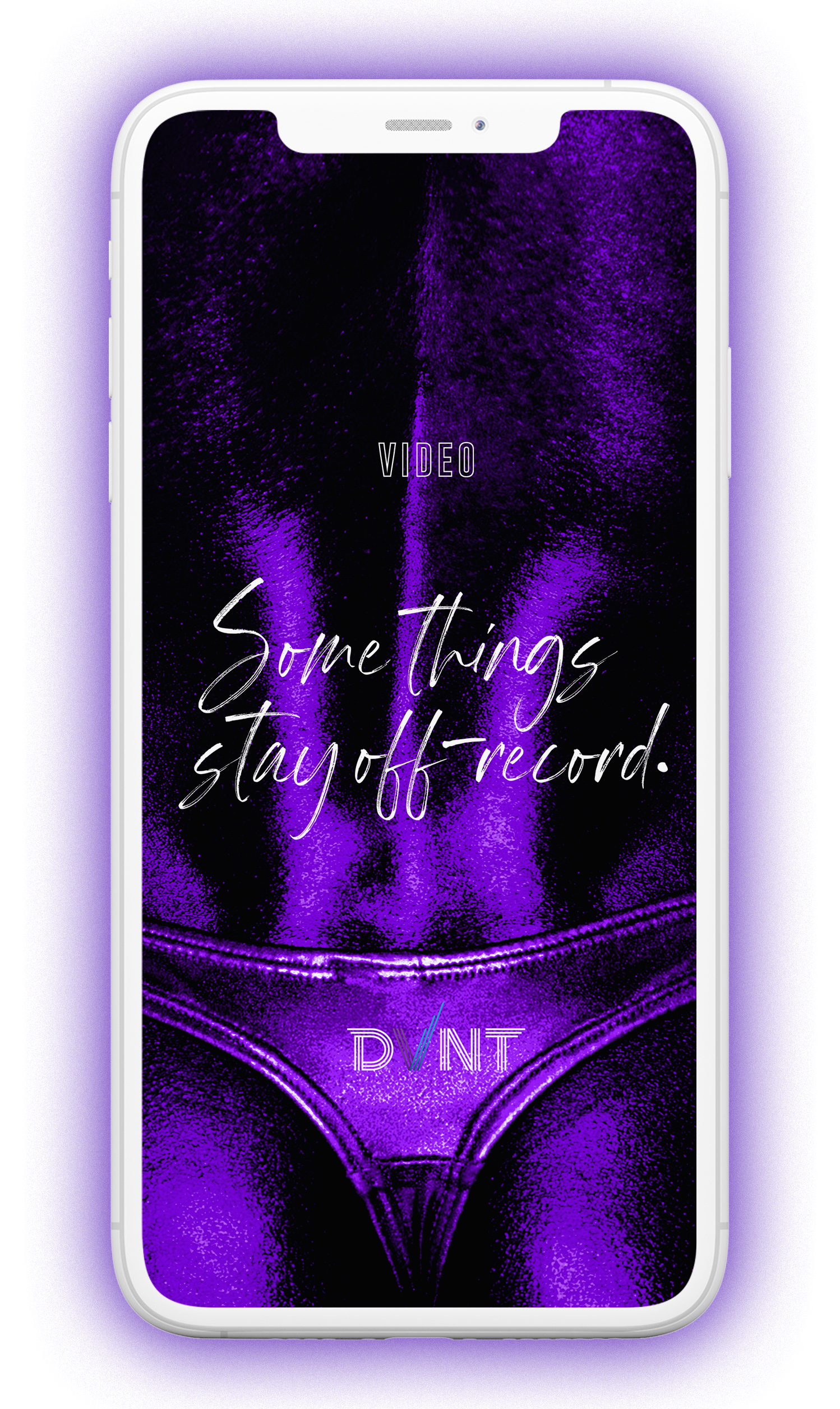 A smartphone screen displays a purple image of leather speedo with text saying 'Some things stay off-record'.