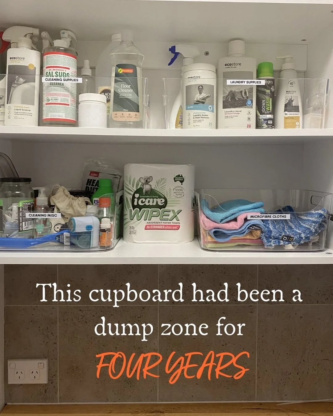 This laundry cupboard had been a dump zone for over four years.
Things were constantly being shoved in wherever they would fit.
 
No clear zones. No system. No easy way to see what was already there.
Which meant items were being re-bought, forgotten 