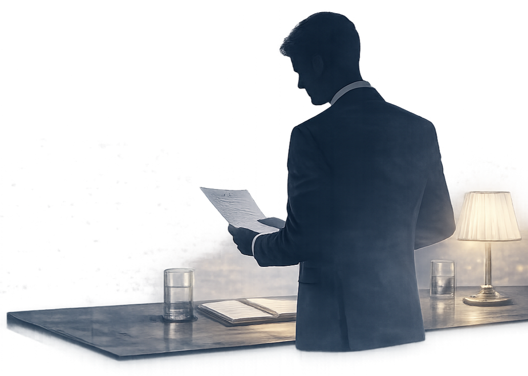 A man in a suit reading a document behind a bar with glasses of water and a table lamp.