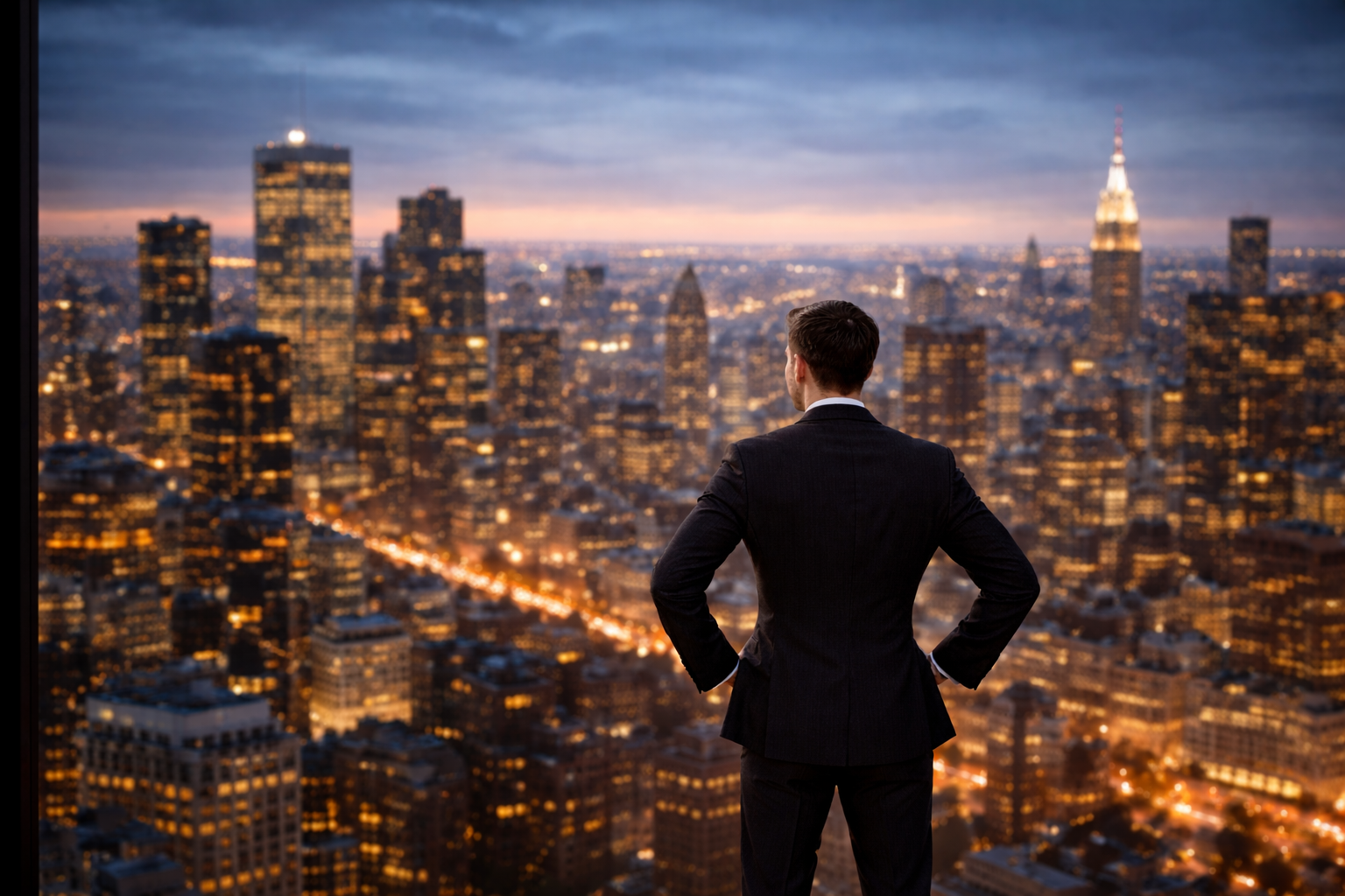 A man in a business suit standing on a high-rise window ledge overlooking New York City skyline at dusk, with Empire State Building illuminated.