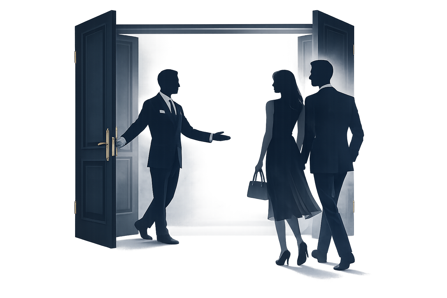 A woman in a black evening gown holding a handbag walking into a hotel lobby with a man in a suit, while a hotel staff member opens the door for them.