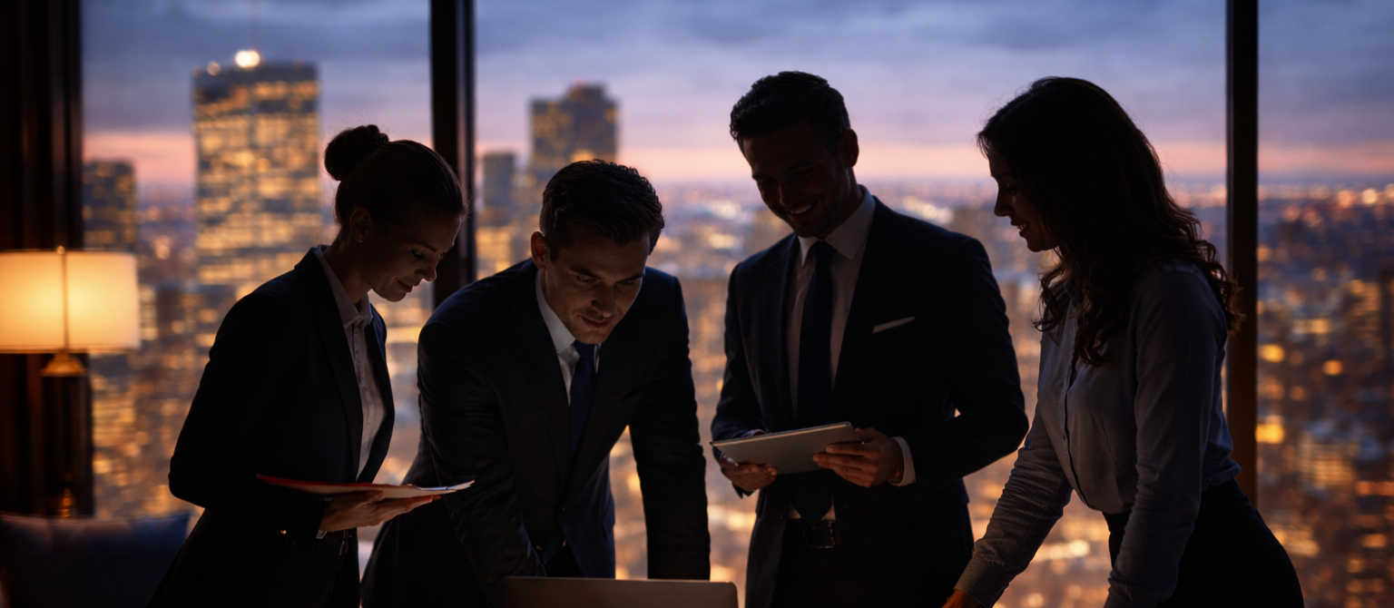 Business professionals gathered around a table in a high-rise office, reviewing documents and a tablet, with a city skyline at sunset in the background.